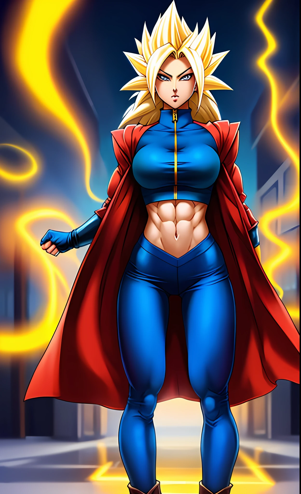 Woman with super saiyan athletic body, seios grandes, traje azul sexy.