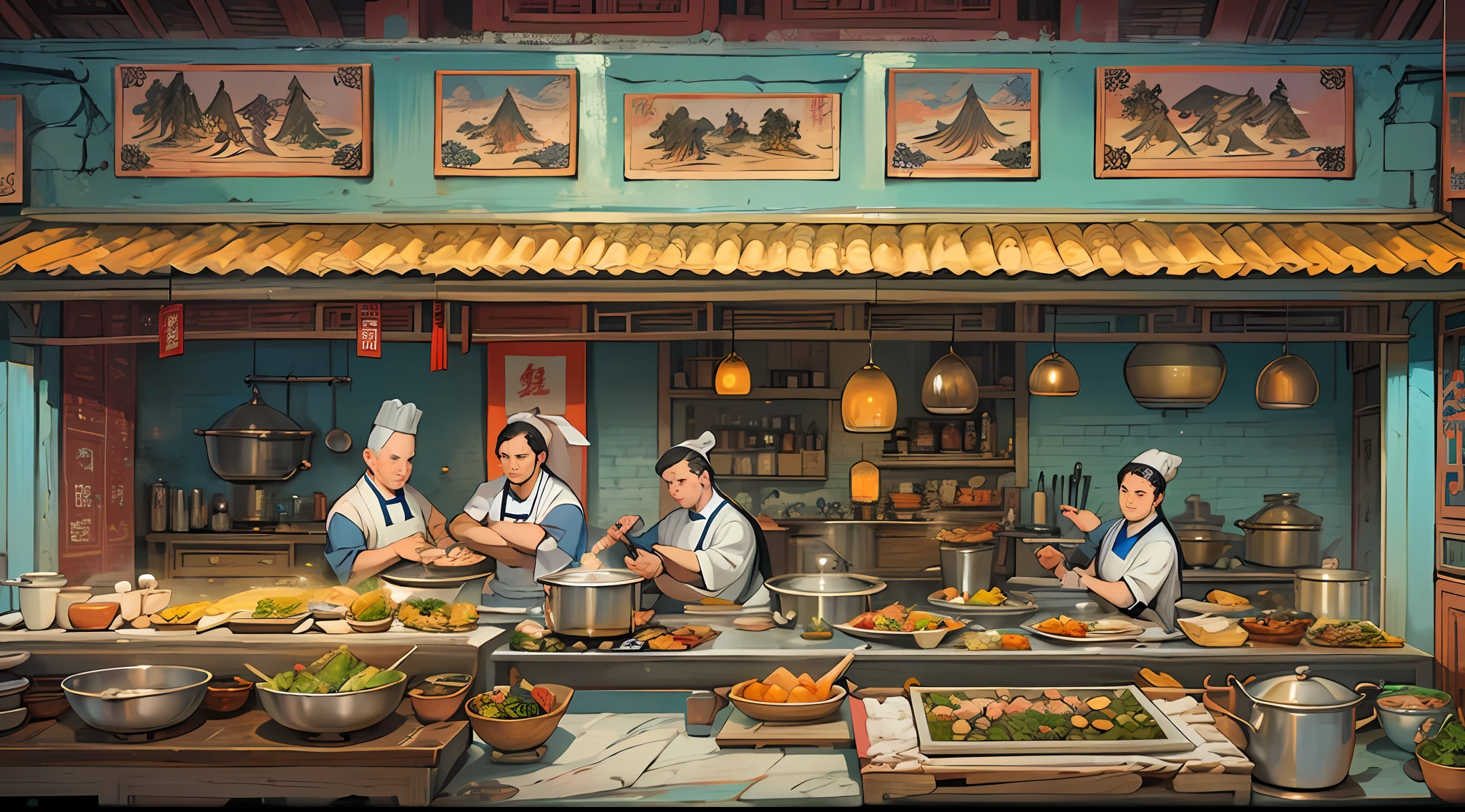 In the palace kitchen, Many male chefs are busy cooking, Full of ancient Chinese kitchen elements,In the style of Chinese painting, A realistic depiction of everyday life, Fauvist animator, photo-realistic techniques, Lively tavern scene, Sky blue and amber, depictions of labor ,16k, Best quality, Masterpiece, Super detail, High details