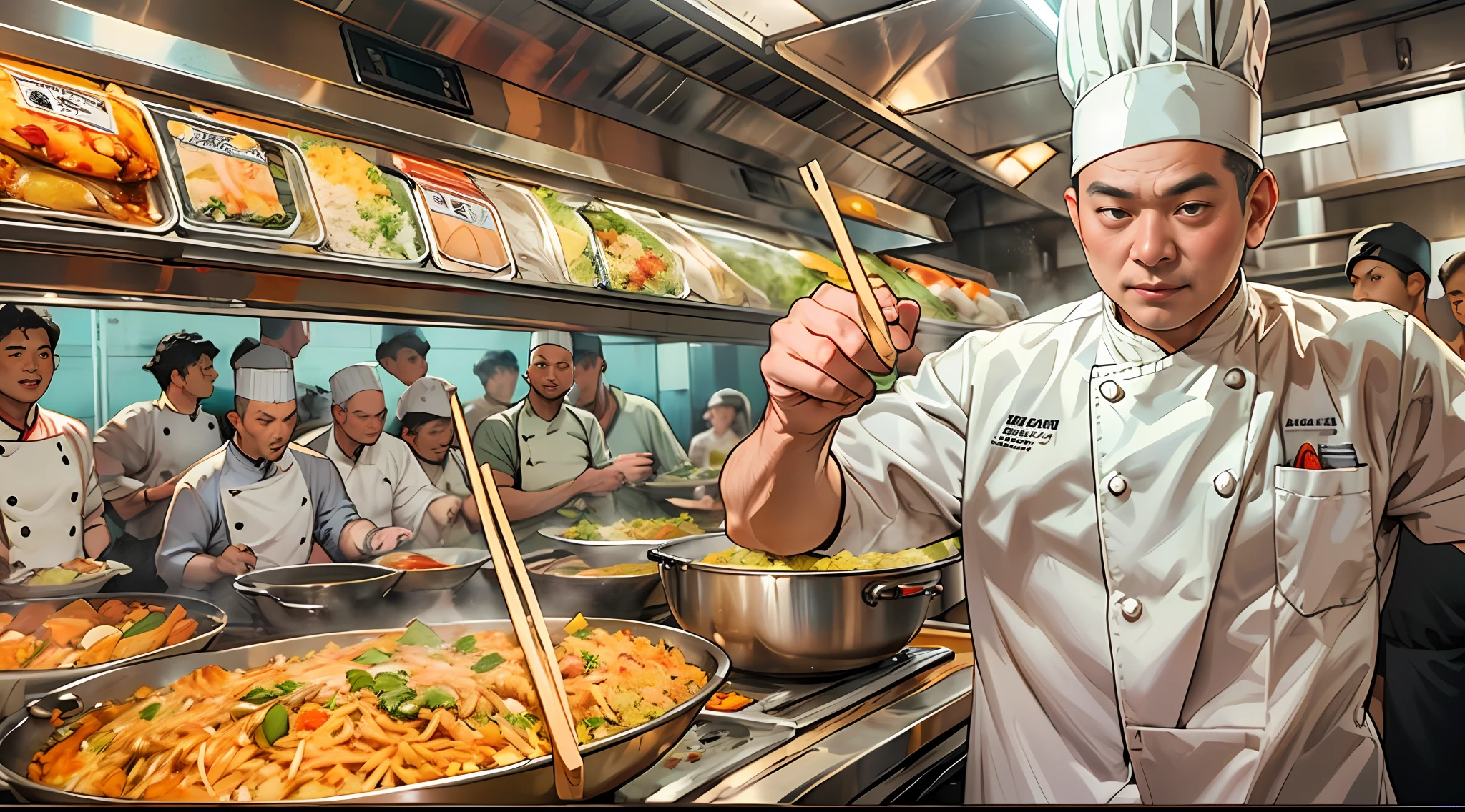 In a live broadcast room，A chef dressed as a chef stands in front of the kitchen，Hold a shining wok in hand，On top stir-fried a mouth-watering Supreme Emperor fried rice。Surrounded by a bustling crowd, They were all attracted by the fried rice in his hand, 32K, Best quality, Masterpiece, Super detail, High details