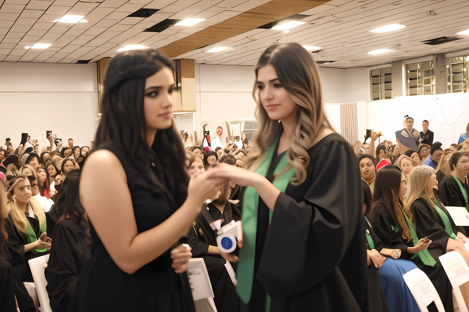 There are two women in prom dresses standing in front of a crowd, Directed by: Veronica Ruiz de Velasco, 2 0 1 8, Malika Favre, 2018, by Amelia Peláez, wearing an academic gown, fernanda suarez, 2 0 1 9, 2019, 2017, 2 0 1 7