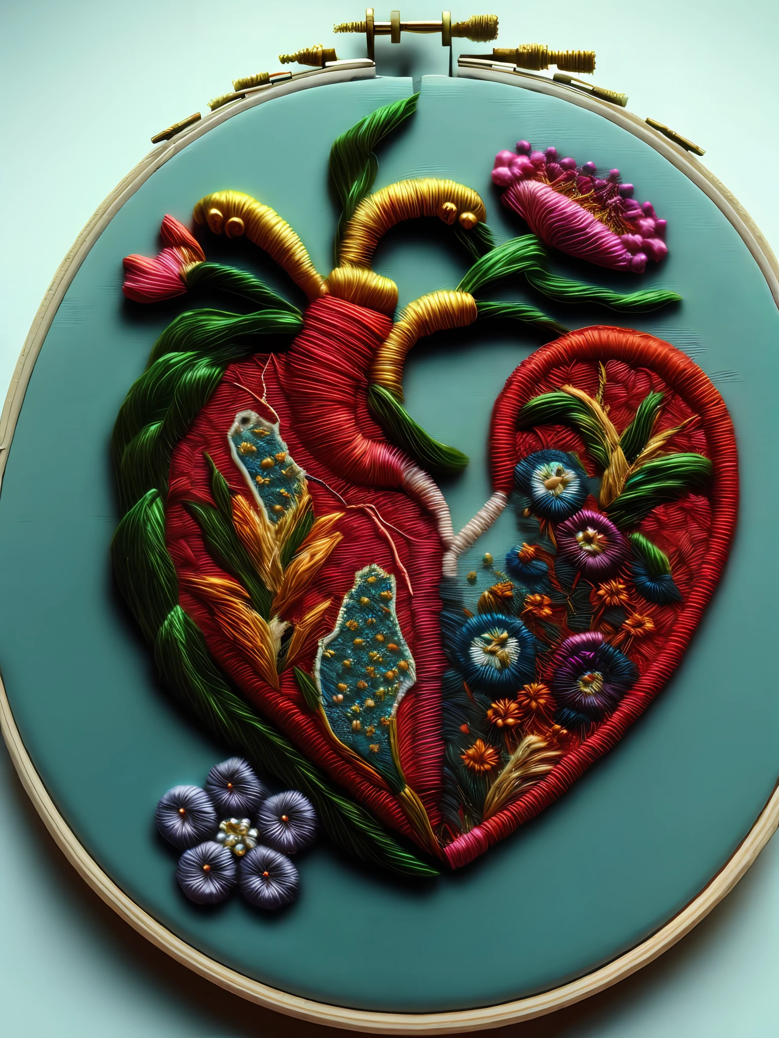 NEEDLEPOINT style embroidered cubism, (Embroidery with beads, anatomically accurate human heart organ + flowers:1.2), vibrant colors, adorned with beads.