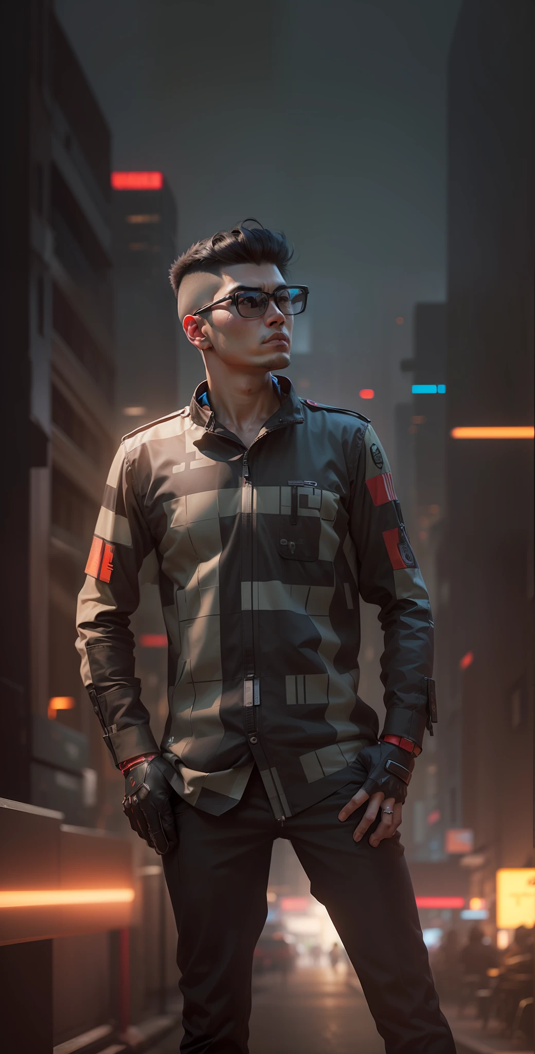 Create an Asian man cyberpunk style, futuristic background, short military cut hair, (best quality), ((1:1 resolution), (face centered in the center of the image), extremely high detail, avatar photo only, (head + shoulders), 8k resolution, highly realistic