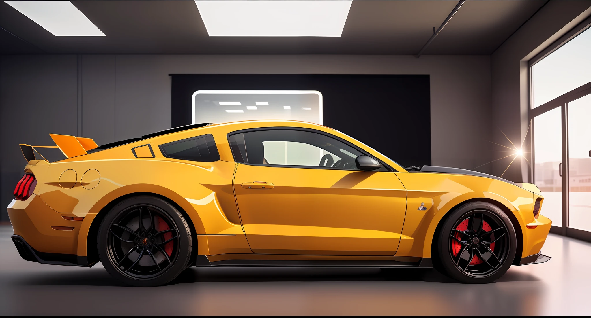 (masterpiece)+, (Best Quality)+, (Intricate Detail)+, design me a ford mustang and lamborghini diablo mashup car, white paint with orange highlights, showroom concept, lens flare, camera artefact, professional photographer, 4k, HDR, longitudinal symmetry