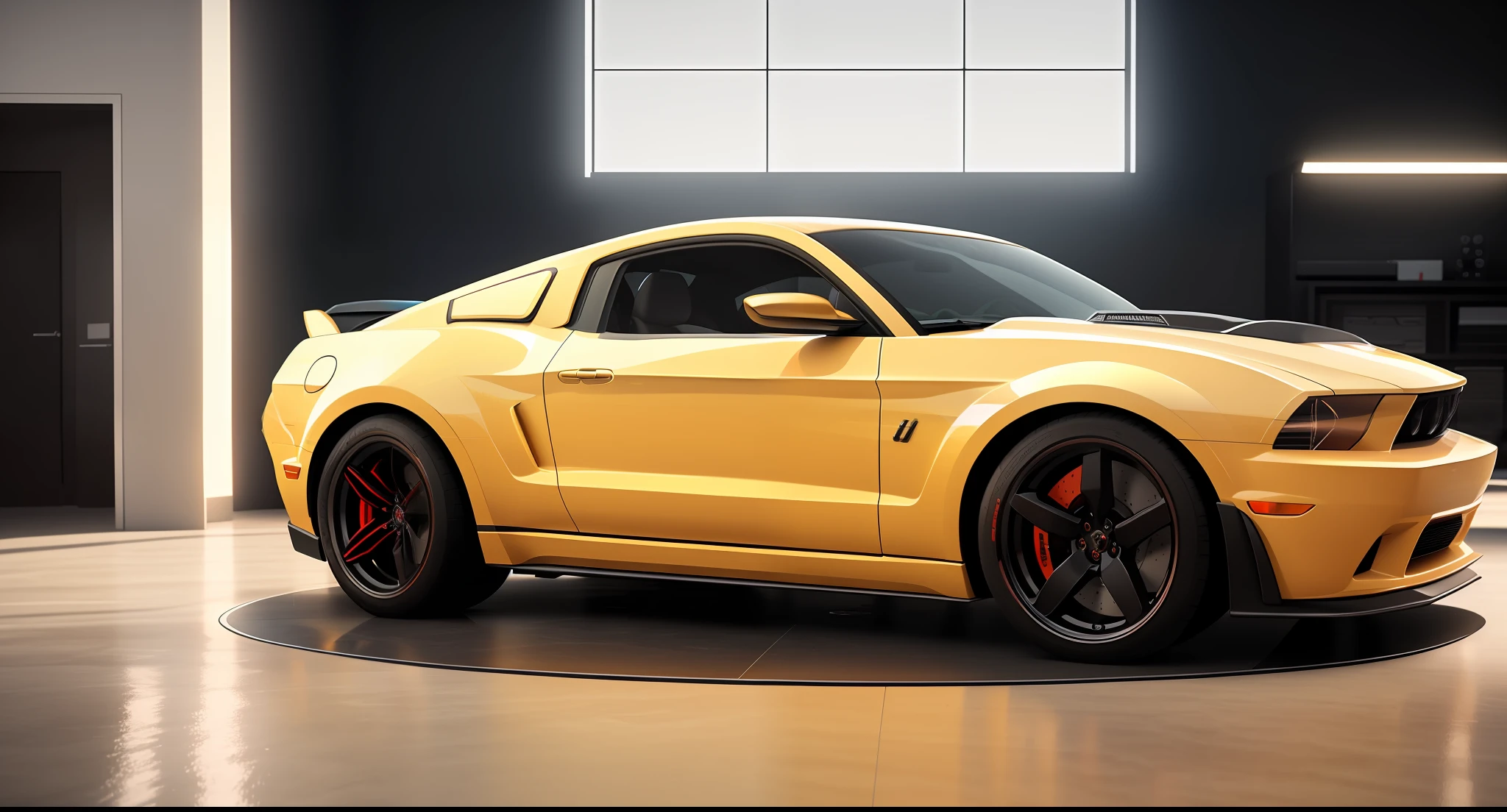 (masterpiece)+, (Best Quality)+, (Intricate Detail)+, design me a ford mustang and lamborghini diablo mashup car, white paint with orange highlights, showroom concept, lens flare, camera artefact, professional photographer, 4k, HDR, longitudinal symmetry