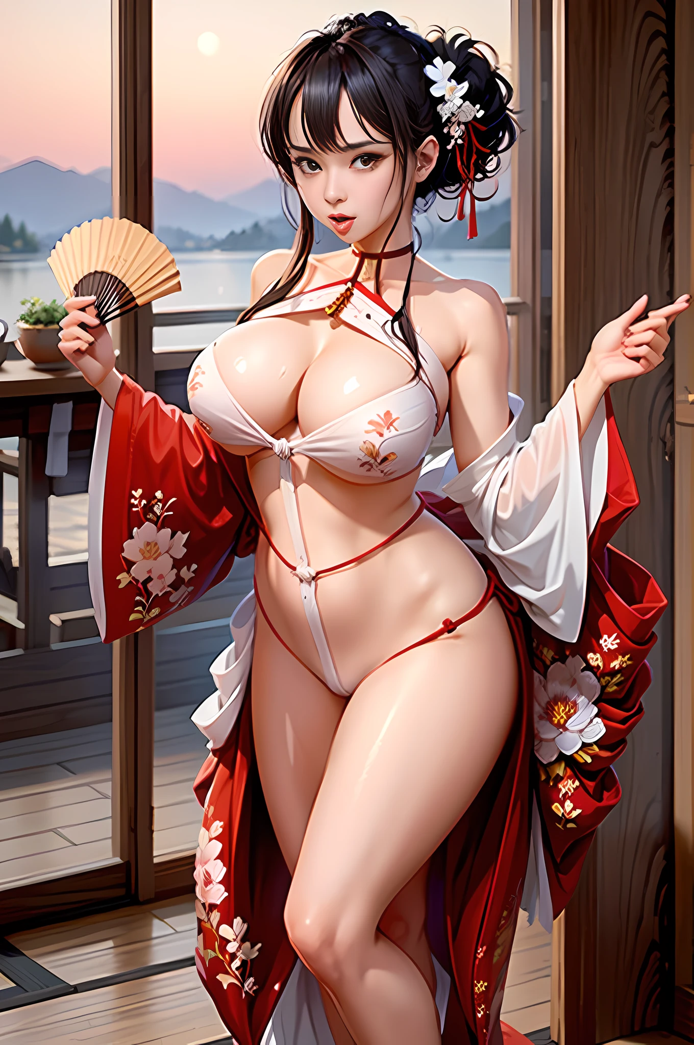 (Kozuki Shirai)(mai shiranui)(folding fan)The flame is behind the hand fan,dances,Dynamic,Best quality, Ultra HD, (Photorealistic: 1.4), 8K resolution, Girl, (Random brown hair: 1.3), (photo-realistic hair: 1.2), (Korean girl: 1.2), (Realistic eyes :1.2), (Beautiful face) :1.3), Perfect body, Fair rosy skin, Big breasts, cleavage, (top angle: 1.3), (Wet tongue: 1.2),