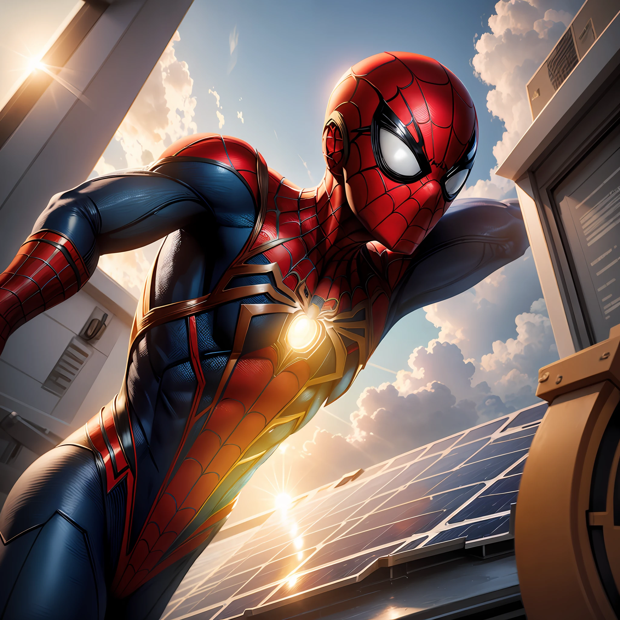 "Spider-Man in a futuristic solar-powered setting. Nesta imagem ultra realista, is next to solar panels, highlighting the importance of clean energy. --auto