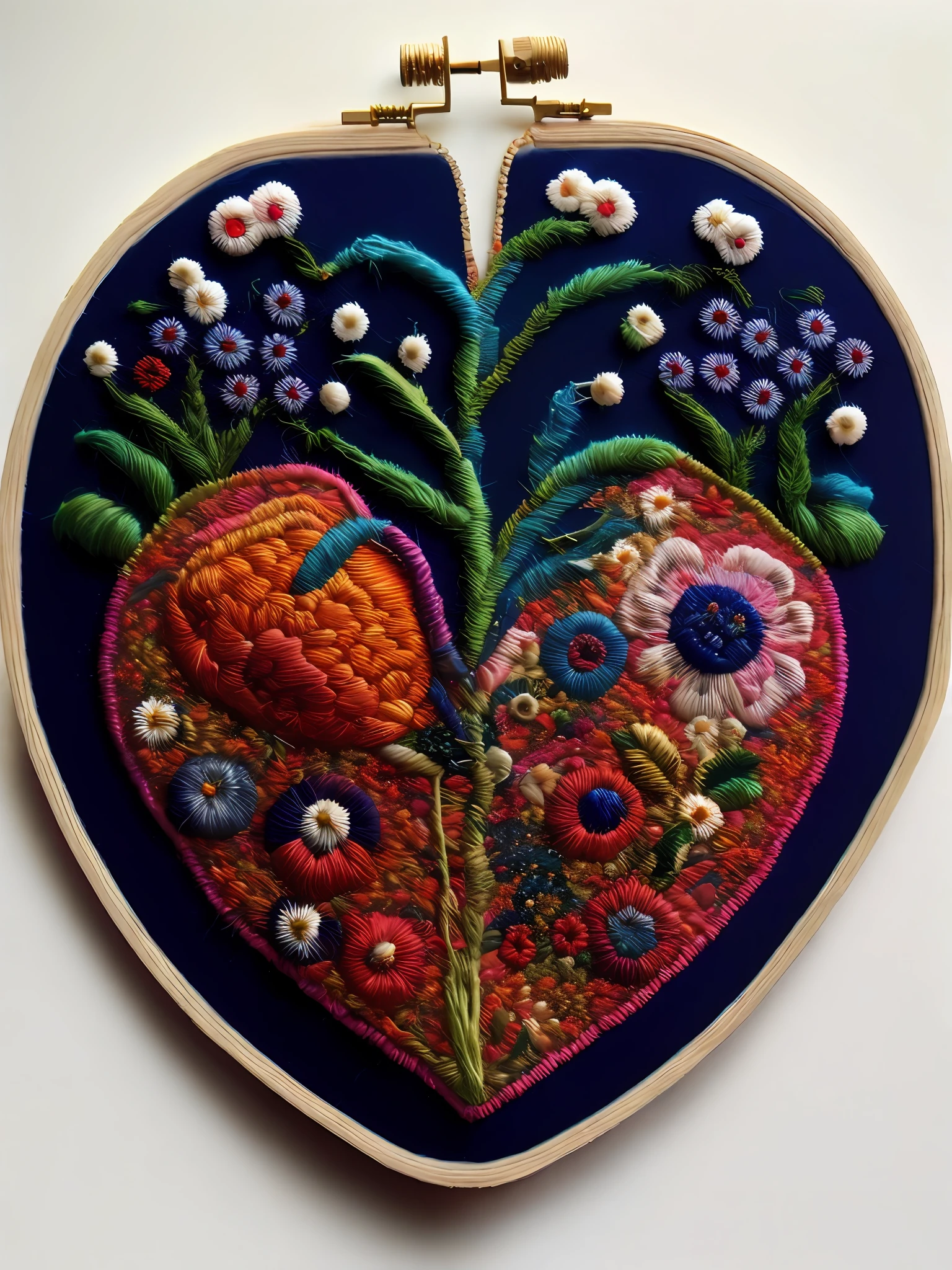 (Best quality, masterpiece, hight resolution: 1.5), (made with felt, anatomically accurate human heart organ + flowers:1.2), vibrant colors, NEEDLEPOINT style embroidered cubism, Embroidery with beads.