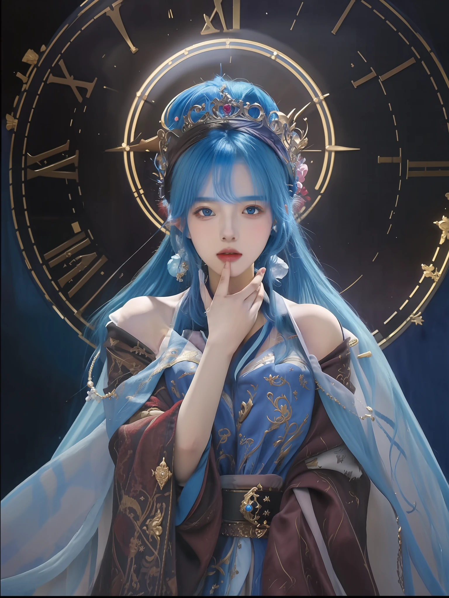 "Anime girl with blue hair and a crown before the clock，The beautiful fantasy queen popular on CGSTATION，8K high quality detail art，palaces，hanfugirl，beautiful celestial mage，Guvez style artwork，Beautiful character painting，1 age girl，5D CGI anime fantasy artwork。"