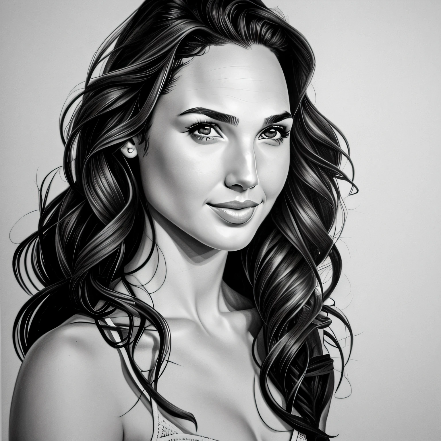 um desenho de Gal Gadot com cabelo longo, Gal Gadot retrato bonito detalhado, retrato altamente detalhado, desenhado no estilo de artgerm, realistic sketch, Gal Gadot detalhada, black and white sketch, detailed illustration portrait, Estilo de desenho a lapis, retrato feminino Gal Gadot, Retrato de uma menina bonita, desenho em preto e branco, Gal Gadot --auto