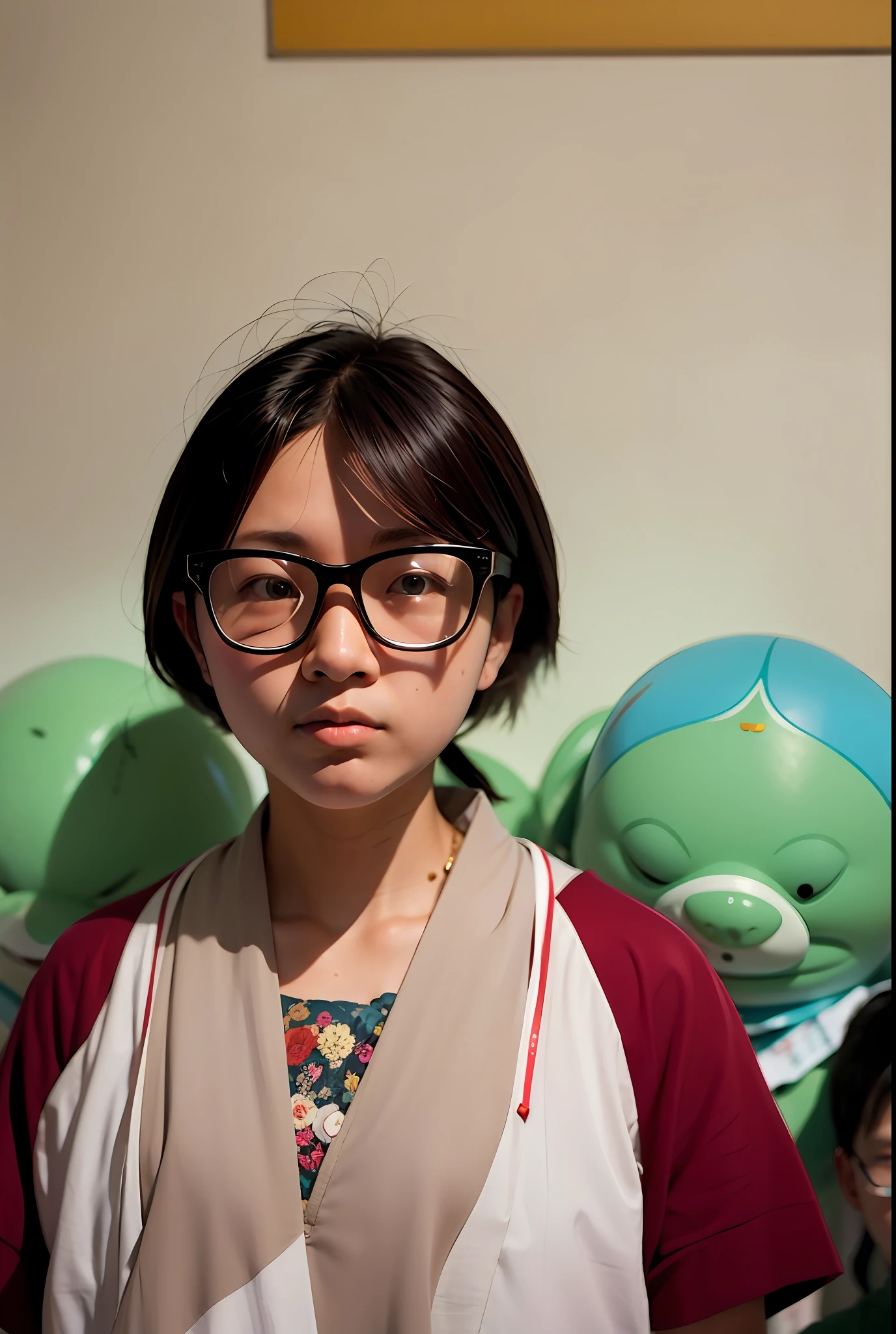 In front of the wall stood a woman with glasses, With glasses, xintong chen, xiaofan zhang, mingchen shen, wenfei ye, xue han, eye glass, wears glasses, Qiu Fang, wideangle portrait, wenjun lin, Zhang Pengzhen, Lu Ji, Chen Zezhou, Wang Qichao