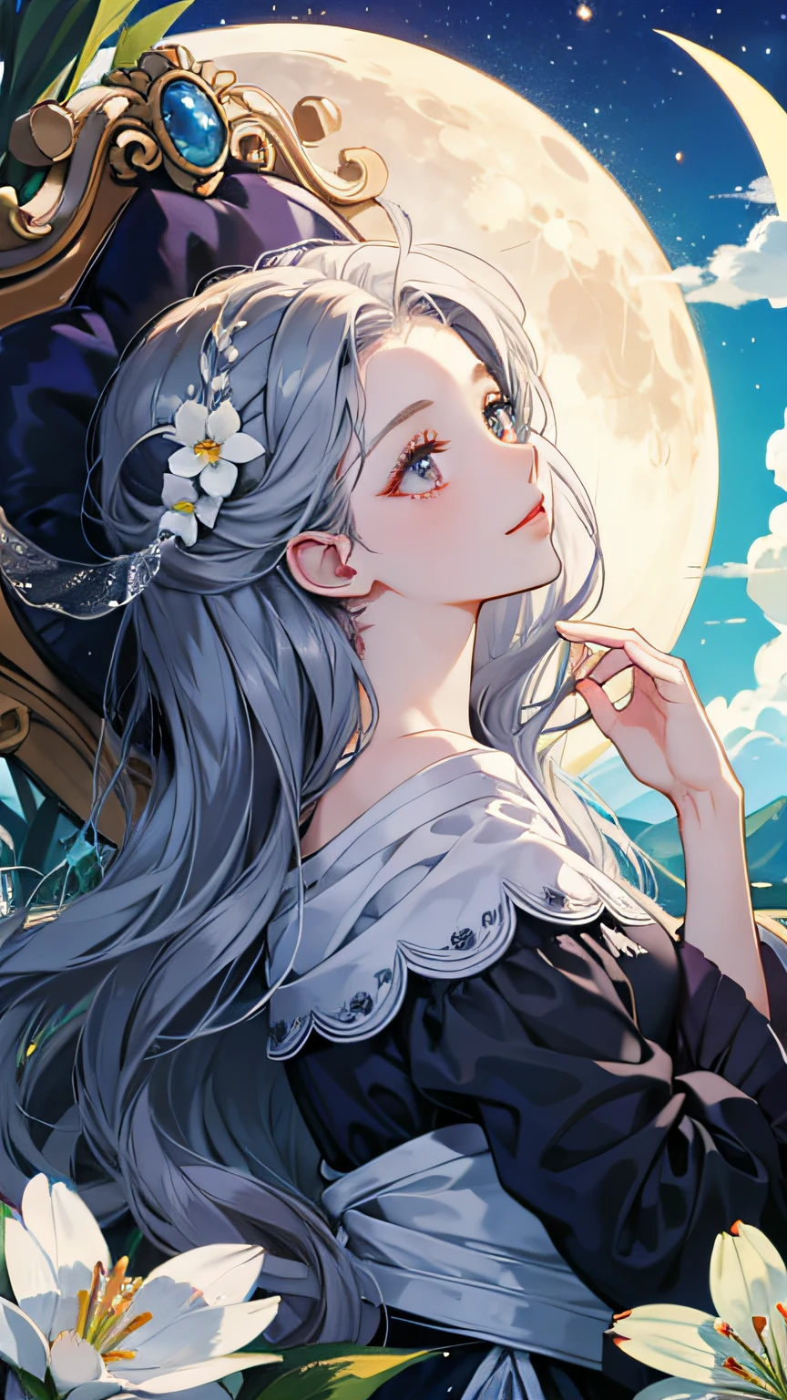 ((best quality)), ((masterpiece)) Moon, Luna, Goddess, Flower