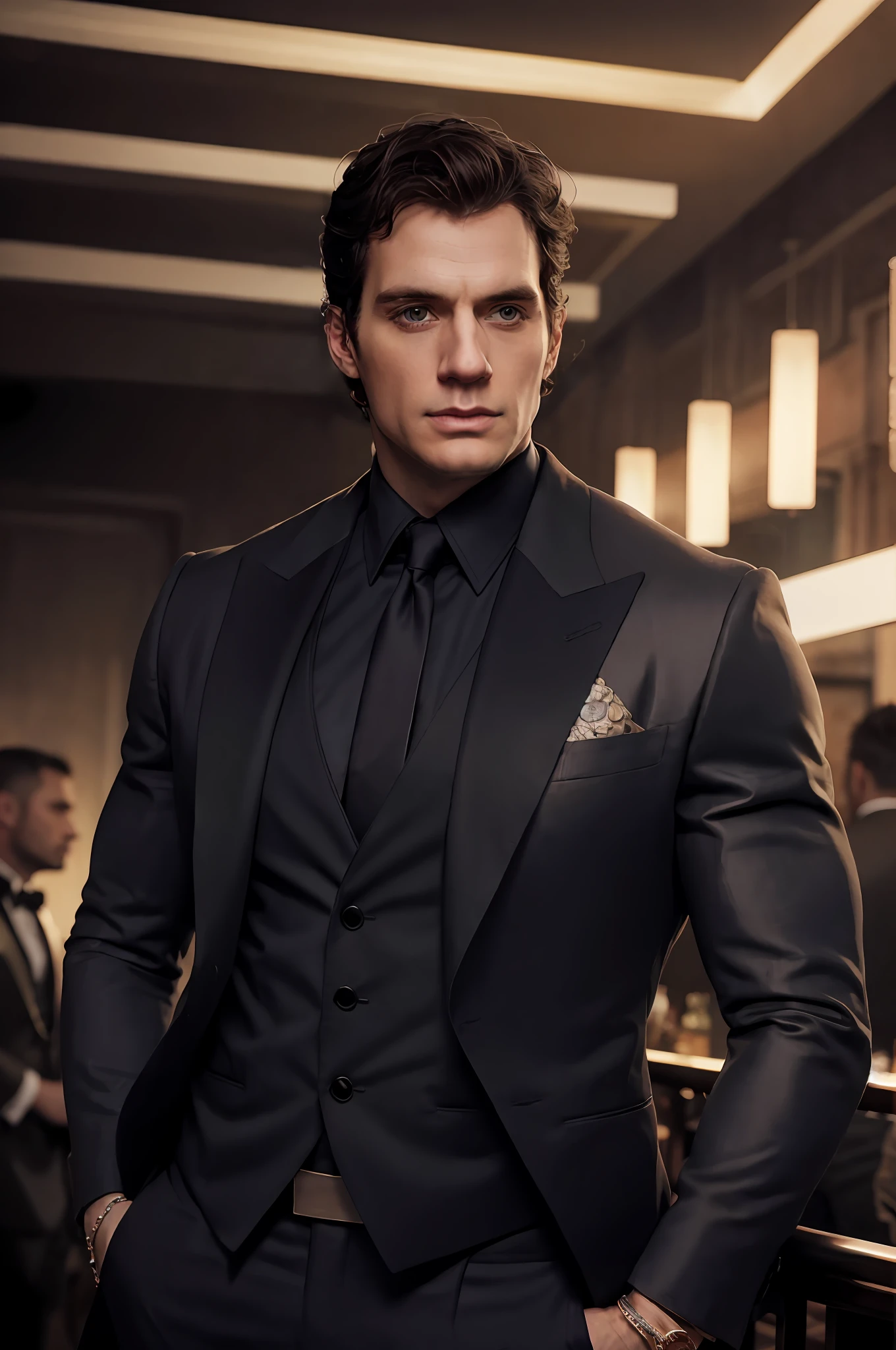 Realistic (muscular man: 1.1) mob boss, Henry Cavill, with an intricate elegant black suite, portrait, short hair, profiled beard, jewelry, in a nightclub, spot scene lighting, detailed background, intricate details, (illustration), masterpiece, high resolution, best quality.