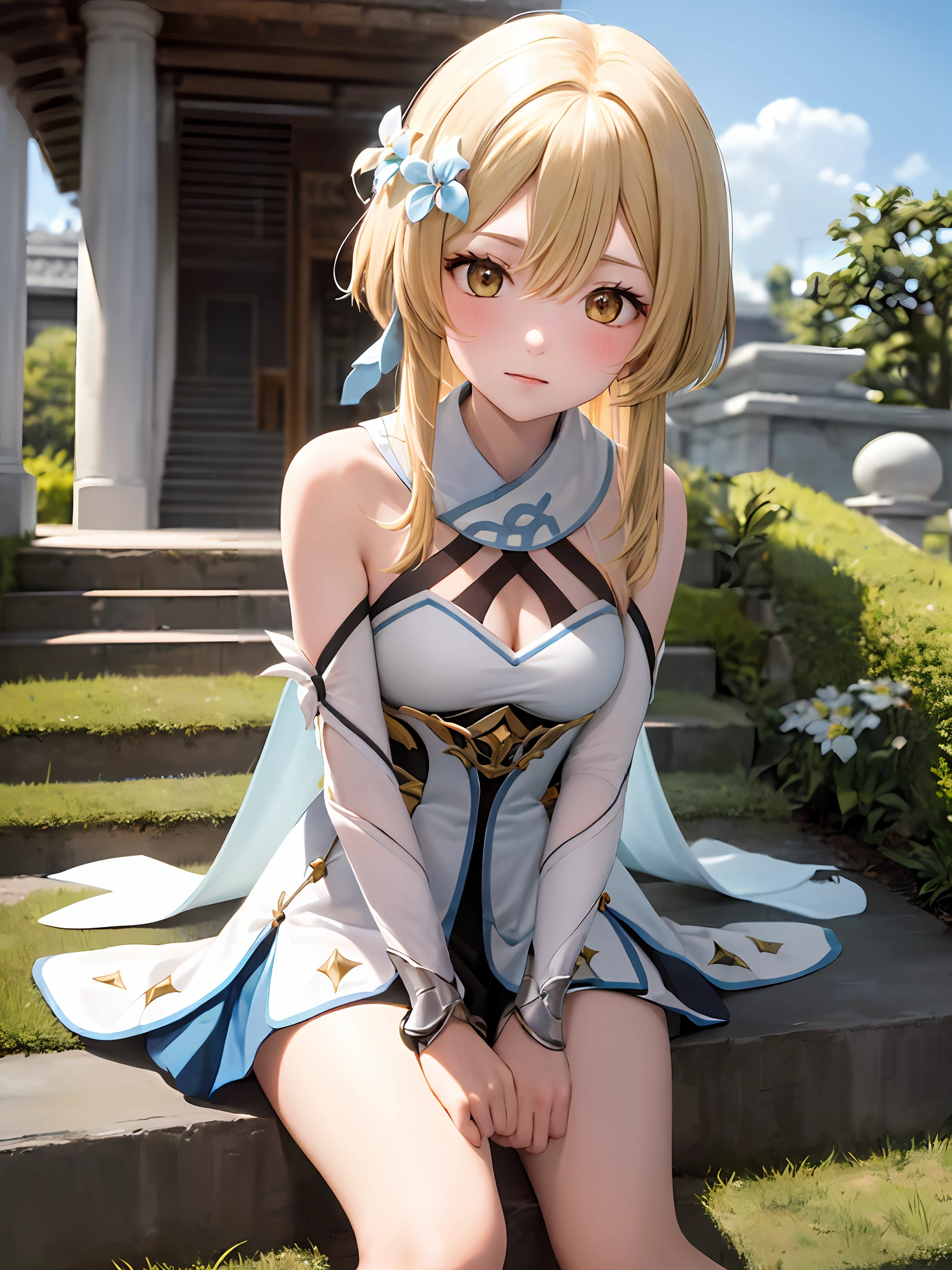Luminedef, full bodyesbian, solo person,glomy,Be red in the face, exteriors, daysies, simple backgound, blue-sky, short detailed hair, Skysky, Temple, looking at viewert, sit on stairs, mont, Moody light,