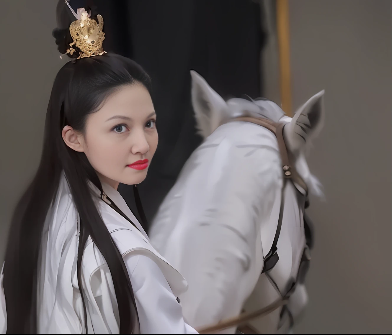 An Arad woman in a white dress rides a white horse, xianxia fantasy, Xianxia, China Princess, a young woman as genghis khan, xianxia hero, Fan Bingbing, queen of the sea mu yanling, a beautiful fantasy empress, chinese empress, ((a beautiful fantasy empress)), Palace , A girl in Hanfu