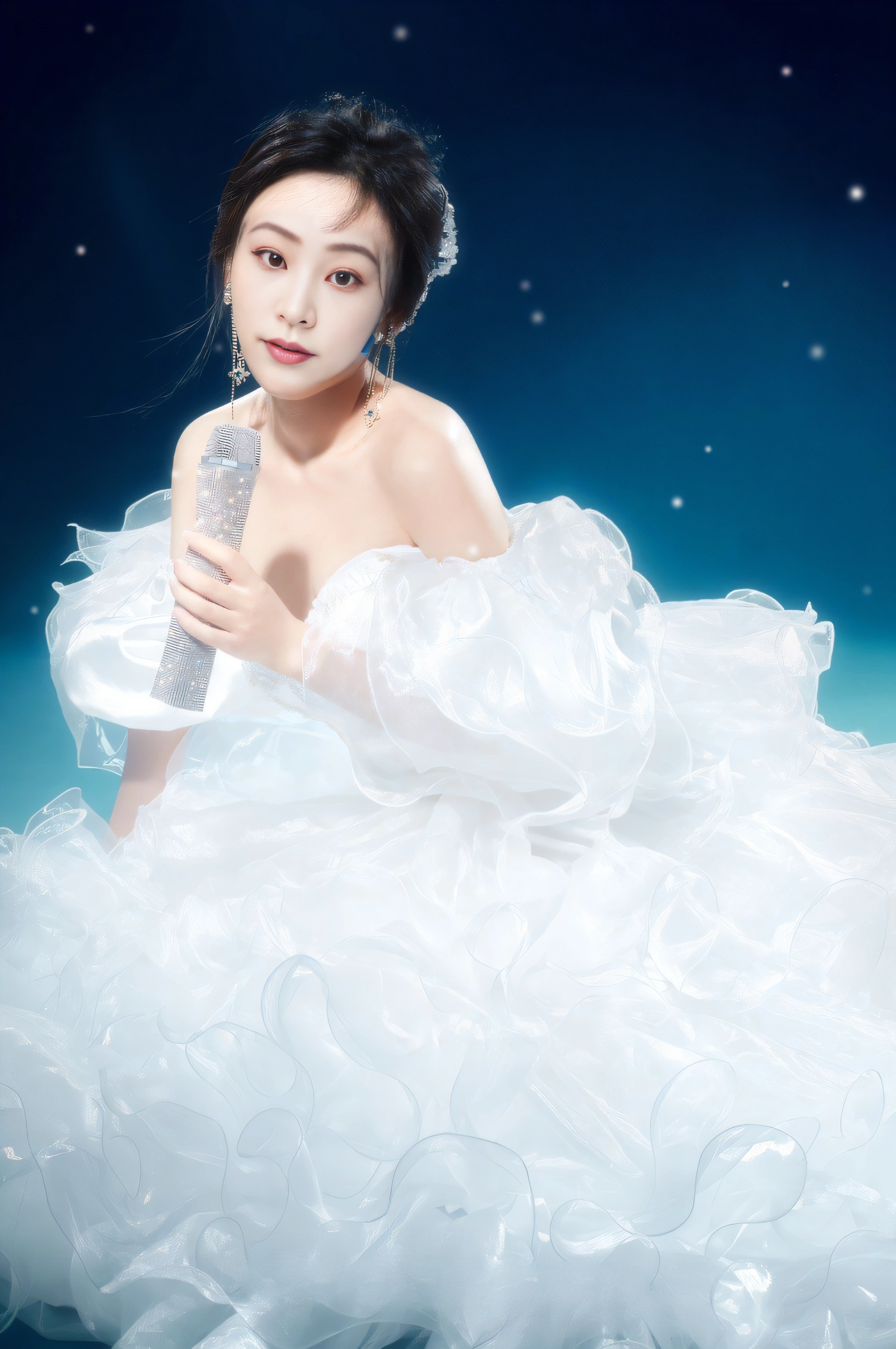 There was a woman in a white dress holding a remote control, queen of the sea mu yanling, Zhang Jingna, wenfei ye, xianxia fantasy, inspired by Zhou Wenjing, xintong chen, shaxi, Lu Ji, yanjun cheng, Eyes look ahead,wearing a dress made of water, fantasy photoshoot, Album art, Wu Liu