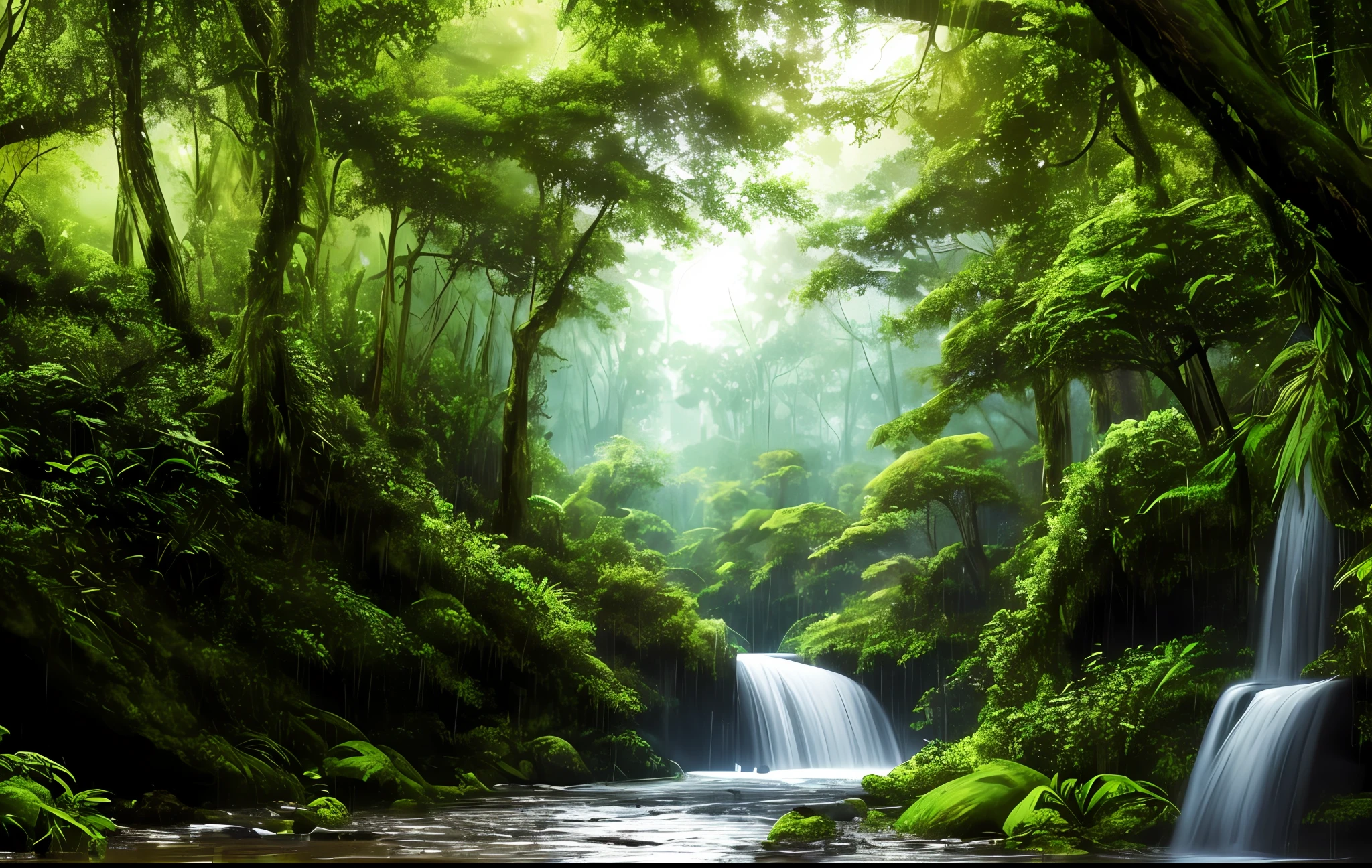 A jungle, with intense rainfall, monochromatic, vines all around, giant and wet trees, masterpiece, best quality, high quality, extremely detailed CG unity 8k wallpaper, oil paiting, award winning photography, Bokeh, Depth of Field, HDR, bloom, Chromatic Aberration ,Photorealistic,extremely detailed, trending on artstation, trending on CGsociety, Intricate, High Detail, dramatic, art by midjourney, volumetric lighting