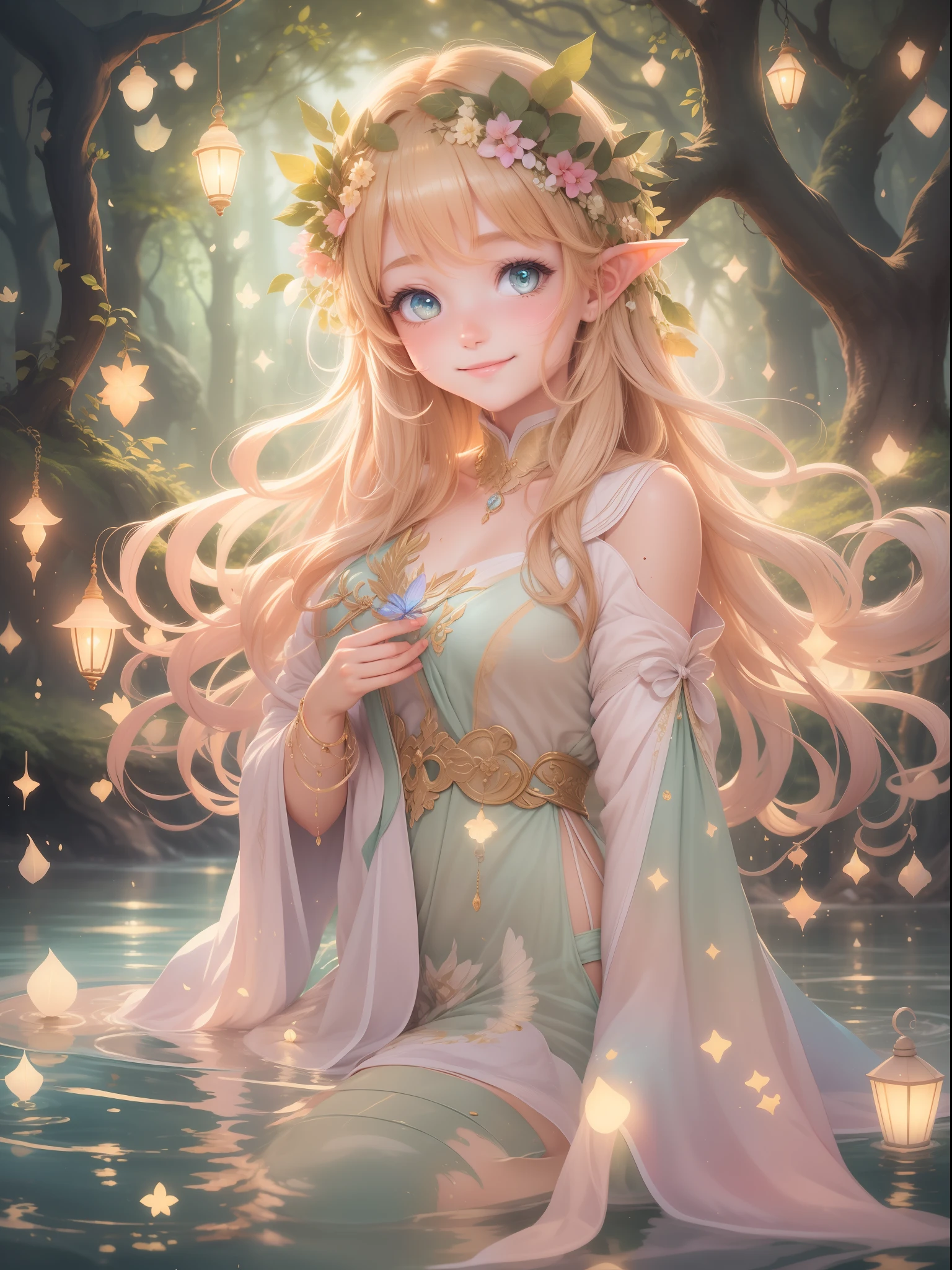 --Nymph --graceful --fluttering --bright eyes --radiant skin --golden hair --charming smile --bathing in soft moonlight,
--Scenery --magical --enchanted forest --soft moonlight --lake,
--Aura --serene --ancestral mystery --ethereal beauty,