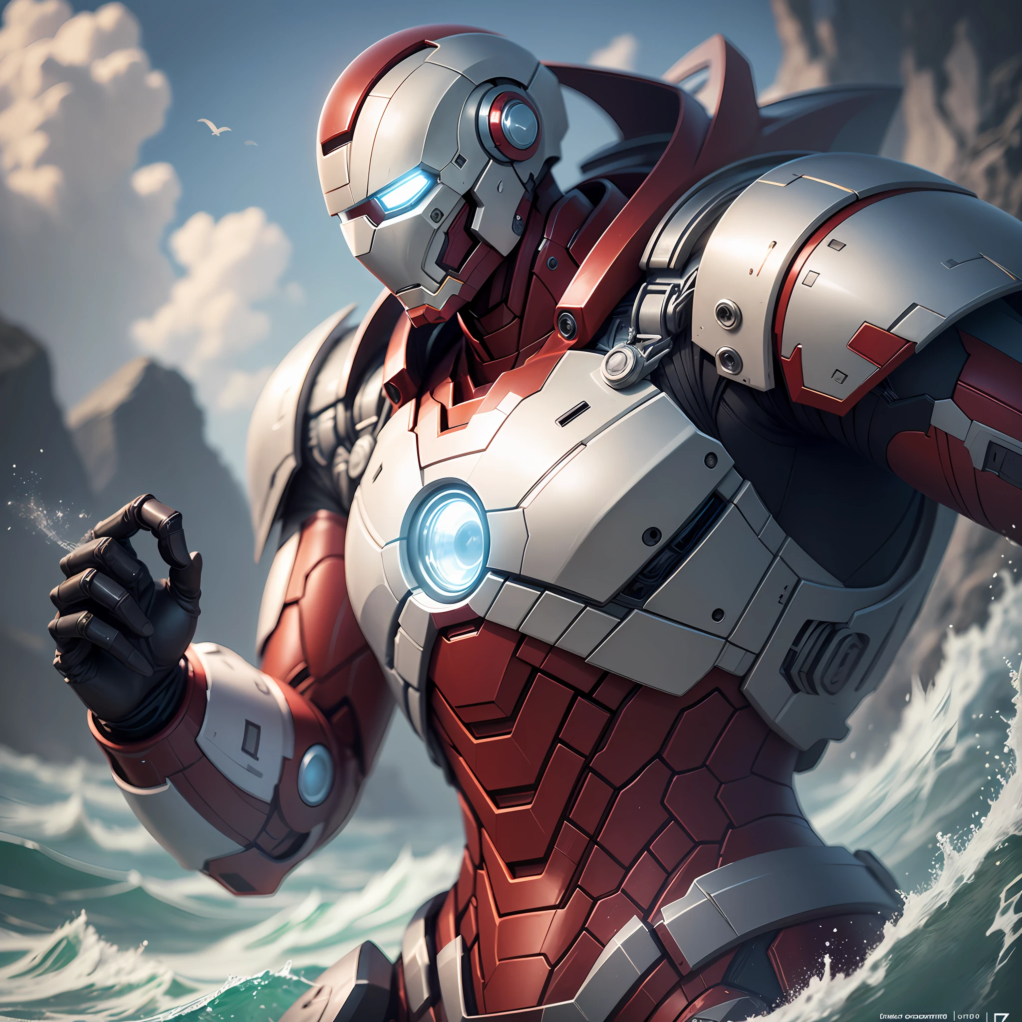 Superior Marvel's Iron Man photography, biomechanical, Complex Robot, Full growth, hyper realistic, Crazy little details, extremely clean lines, Cyberpunk aesthetic, Masterpiece featured at Zbrush Central, His armor is pure white titanium, a futuristic masterpiece of sci-fi, glowing under the soft studio light. The suit's details are meticulously designed, with a level of detail worthy of an ArtStation digital painting. The contrast of the armor with the sea and waves creates a very beautiful and elegant composition. The Nikon Z7 camera model has allowed capturing the minutest details, with its Nikon AF-S NIKKOR 70-200mm f/2.8E FL ED VR lens and configuration of f/4 aperture, 1/60 speed and ISO 200. The dramatic lighting and smooth, sharp focus are testament to the wonders that modern camera technology can achieve. The image has been processed with a –s 6000 rendering, resulting in a visually impressive finish. --auto --s2