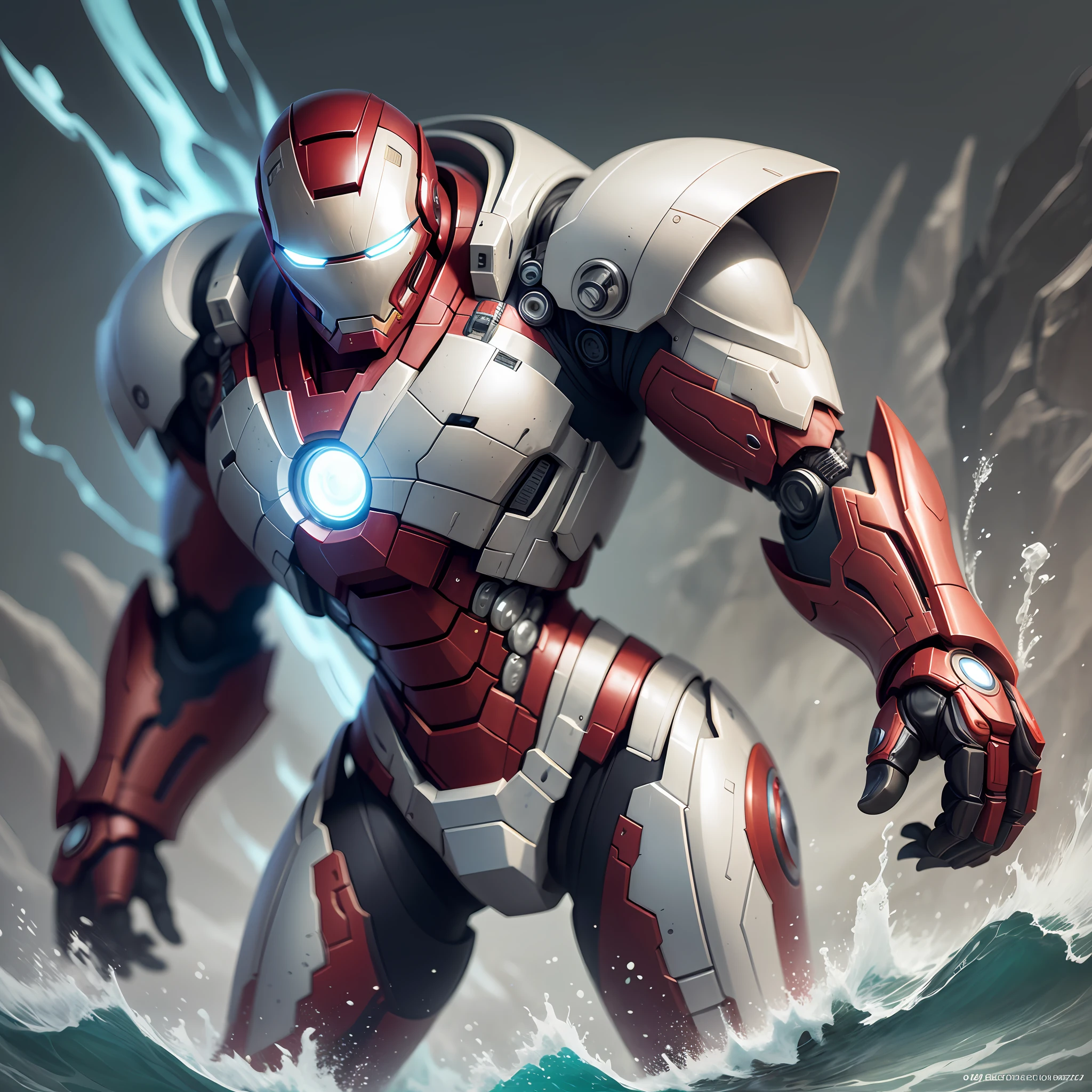Superior Marvel's Iron Man photography, biomechanical, Complex Robot, Full growth, hyper realistic, Crazy little details, extremely clean lines, Cyberpunk aesthetic, Masterpiece featured at Zbrush Central, His armor is pure white titanium, a futuristic masterpiece of sci-fi, glowing under the soft studio light. The suit's details are meticulously designed, with a level of detail worthy of an ArtStation digital painting. The contrast of the armor with the sea and waves creates a very beautiful and elegant composition. The Nikon Z7 camera model has allowed capturing the minutest details, with its Nikon AF-S NIKKOR 70-200mm f/2.8E FL ED VR lens and configuration of f/4 aperture, 1/60 speed and ISO 200. The dramatic lighting and smooth, sharp focus are testament to the wonders that modern camera technology can achieve. The image has been processed with a –s 6000 rendering, resulting in a visually impressive finish. --auto --s2