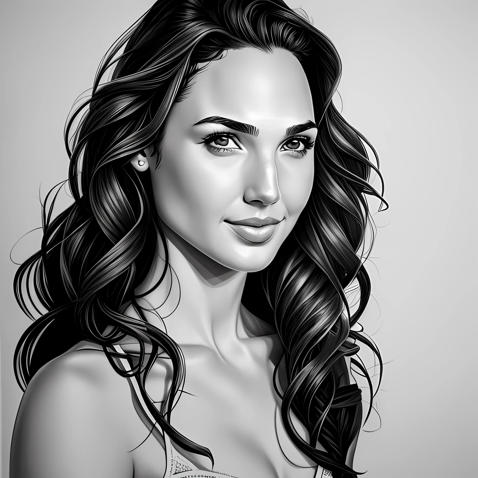 um desenho de Gal Gadot com cabelo longo, Gal Gadot retrato bonito detalhado, retrato altamente detalhado, desenhado no estilo de artgerm, realistic sketch, Gal Gadot detalhada, black and white sketch, detailed illustration portrait, Estilo de desenho a lapis, retrato feminino Gal Gadot, Retrato de uma bonita, desenho em preto e branco, Gal Gadot --auto