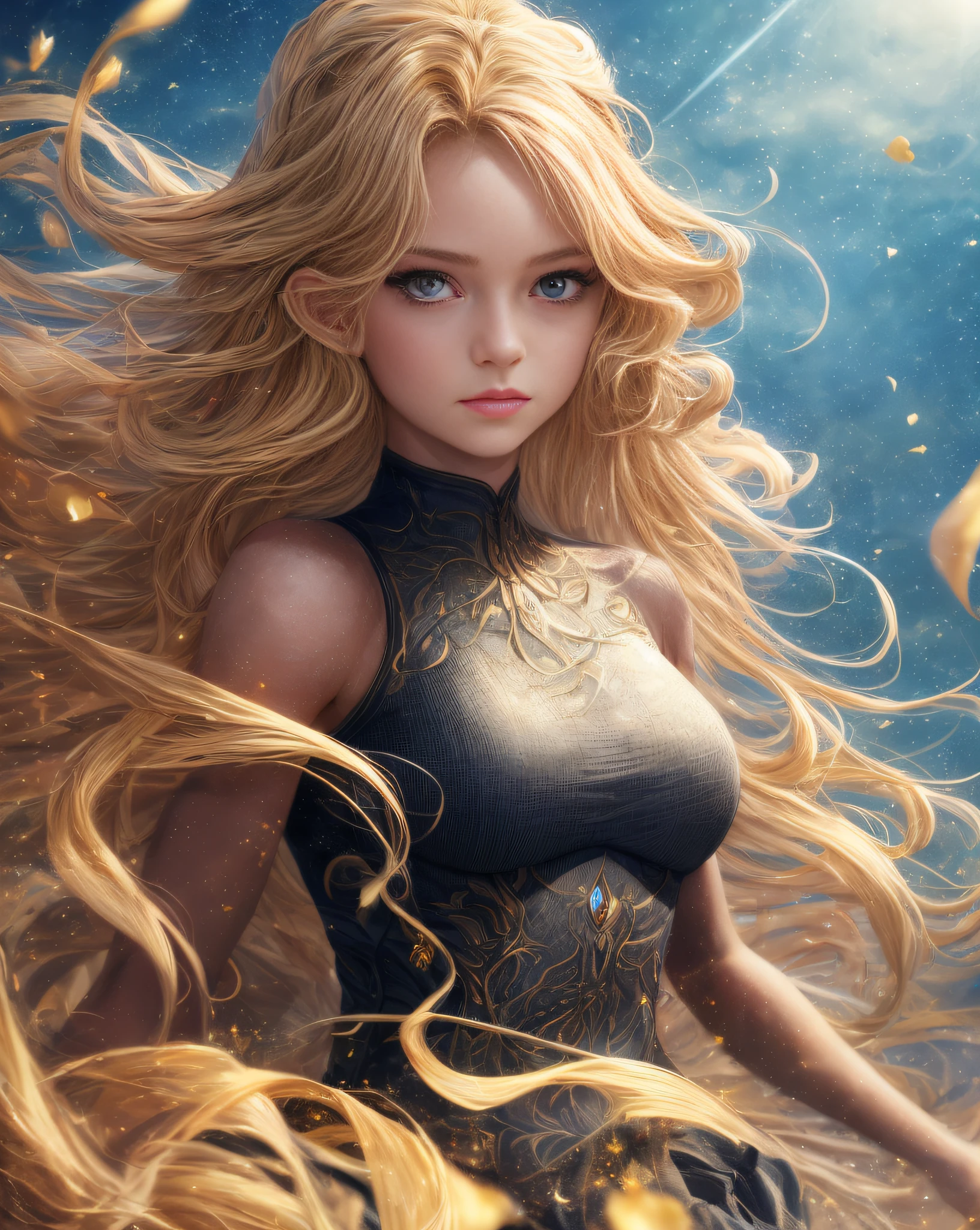 (best quality, masterpiece), young woman, pose, particle, wind, flower, upper body, simple background, looking at viewer, long curly windblown blonde hair, galaxy,backlit,rimlight,beautiful artwork,perfect composition