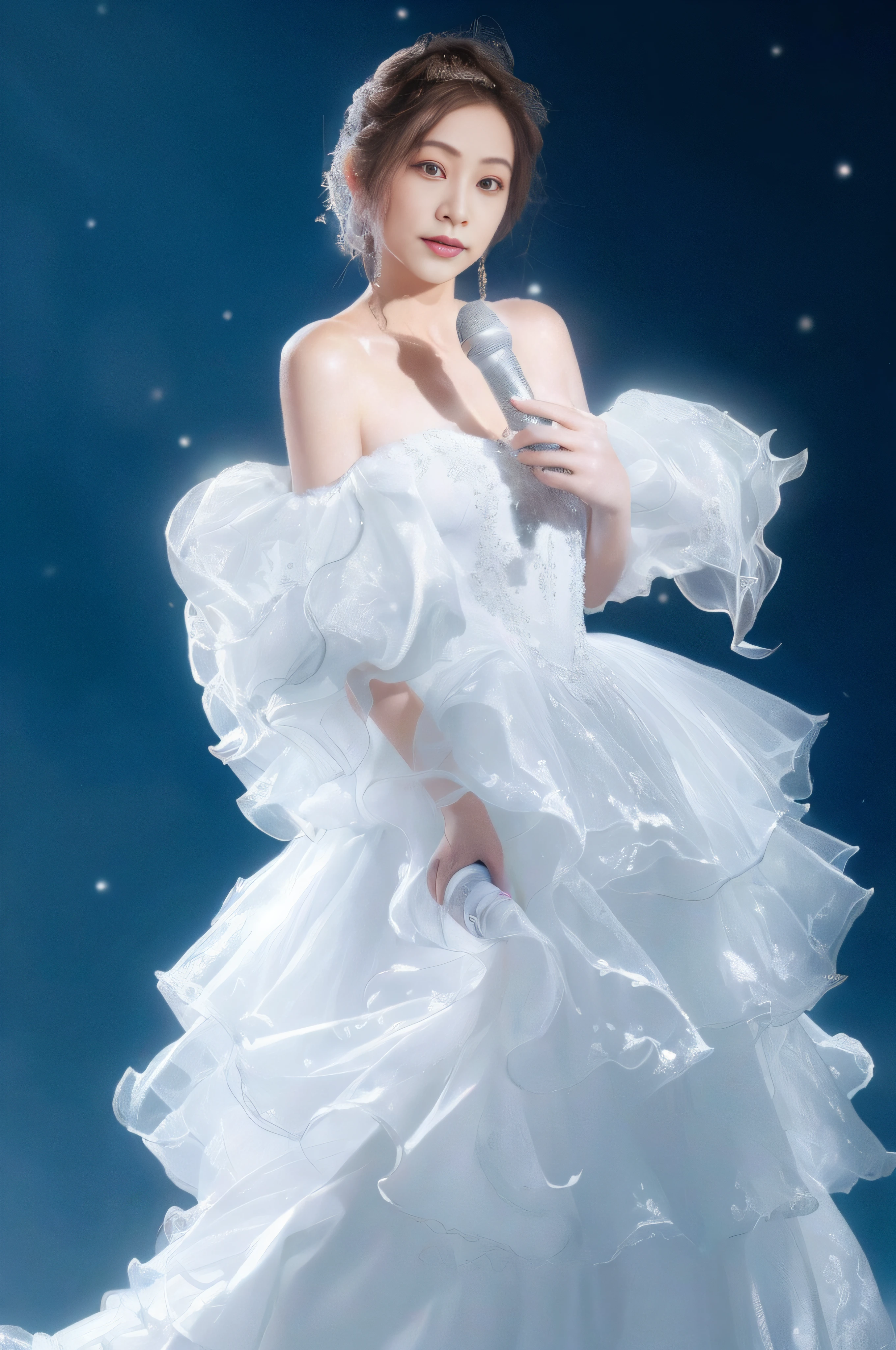 Arad woman in white dress holding microphone, wearing organza gown, wearing a dress made of water, elegant lady with alabaster skin, White gown, emma watson as the queen of ice, taylor swift as a heavenly angel, dreamy dress, fantasy photoshoot, ethereal fairytale, inspired by Leng Mei, Ethereal fantasy, dress made of water