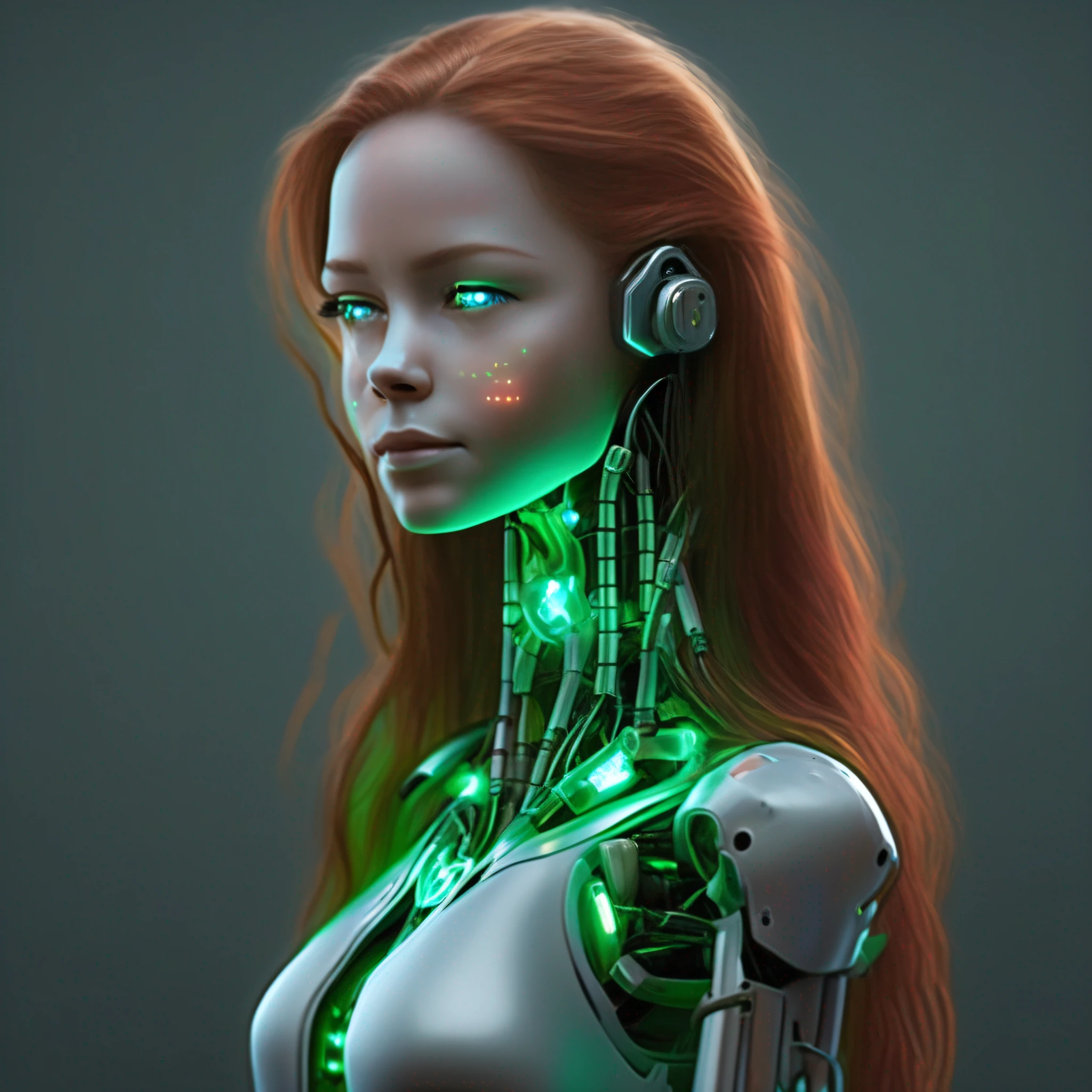 robot humanoide femenino totalmente mecanico de cuello para abajo y con la cara verde claro, con partes abiertas donde se deja ver cableado y maquinariay luces indicadoras led rojas, verdes , azules y amarillas en la pechera. hiperrealista y con sensacion de movimiento. color del chasis, plata, oro y bronce.