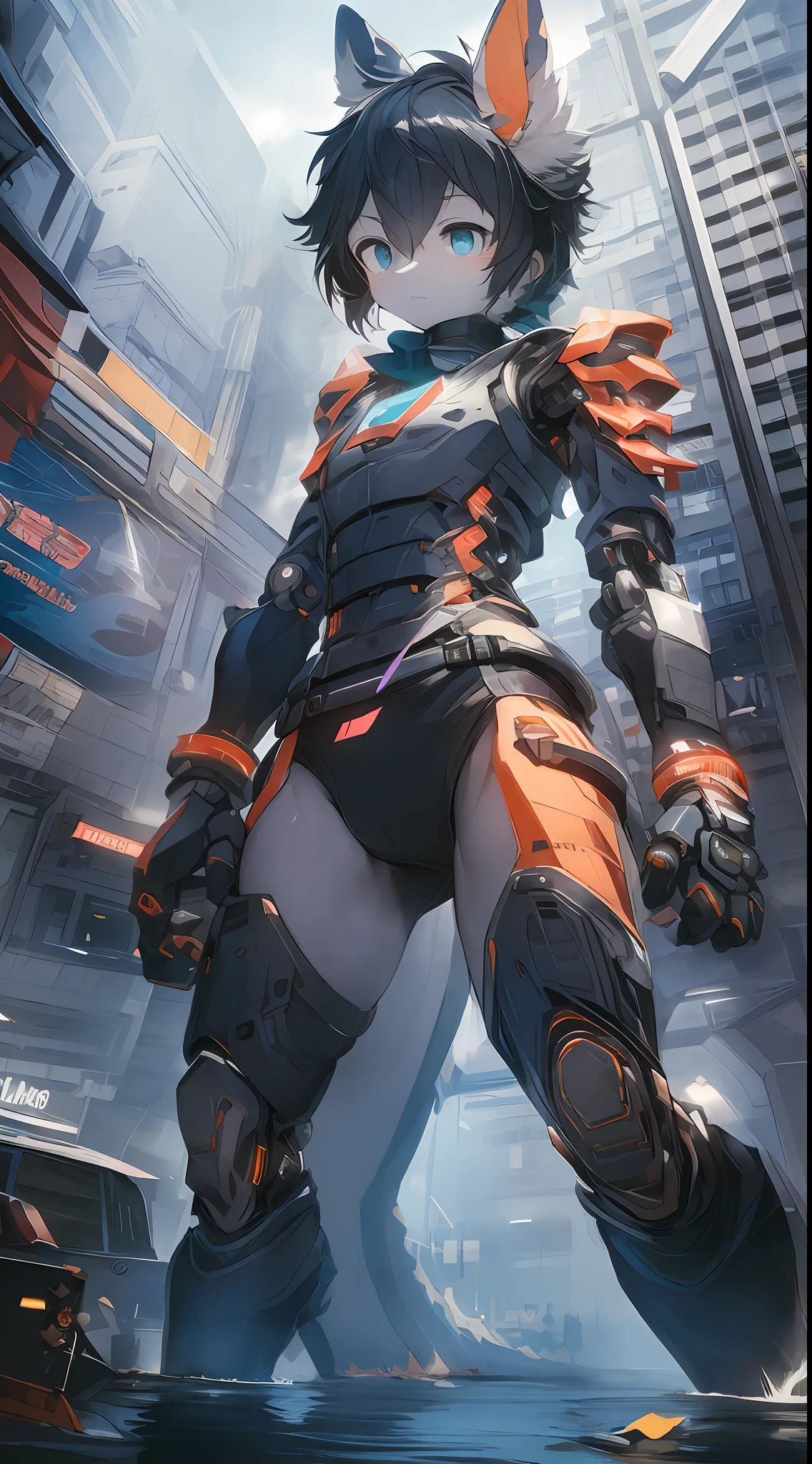 Dragons in mecha,bit girl,dark gray,Blue-and-black hair,eBlue eyes,adolable,Mechanical nanoskin,black reotard,black over-the-knee socks,full bodyesbian,nakeness,Shota,Stand where water meets sky,Black is the theme,emaciated,emaciated,is shy,8K quality,Extreme light and shadow