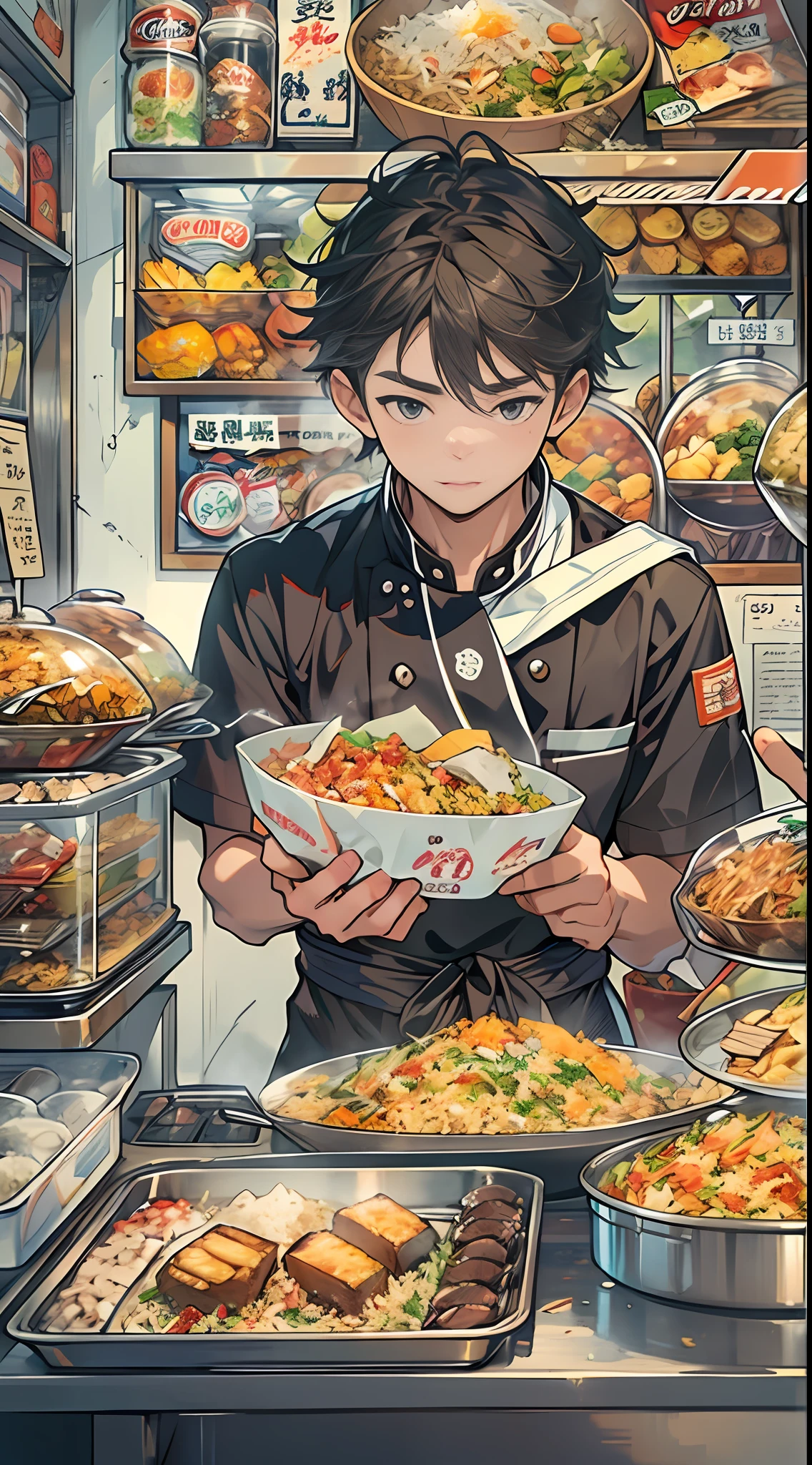 A young and promising male chef stands in front of a snack cart,His face was filled with confidence and determination。The snack cart is decorated with brightly colored signs,It is filled with all kinds of delicacies,It's bustling all around(crowd of:1.5),All were attracted by the fried rice in his hand。