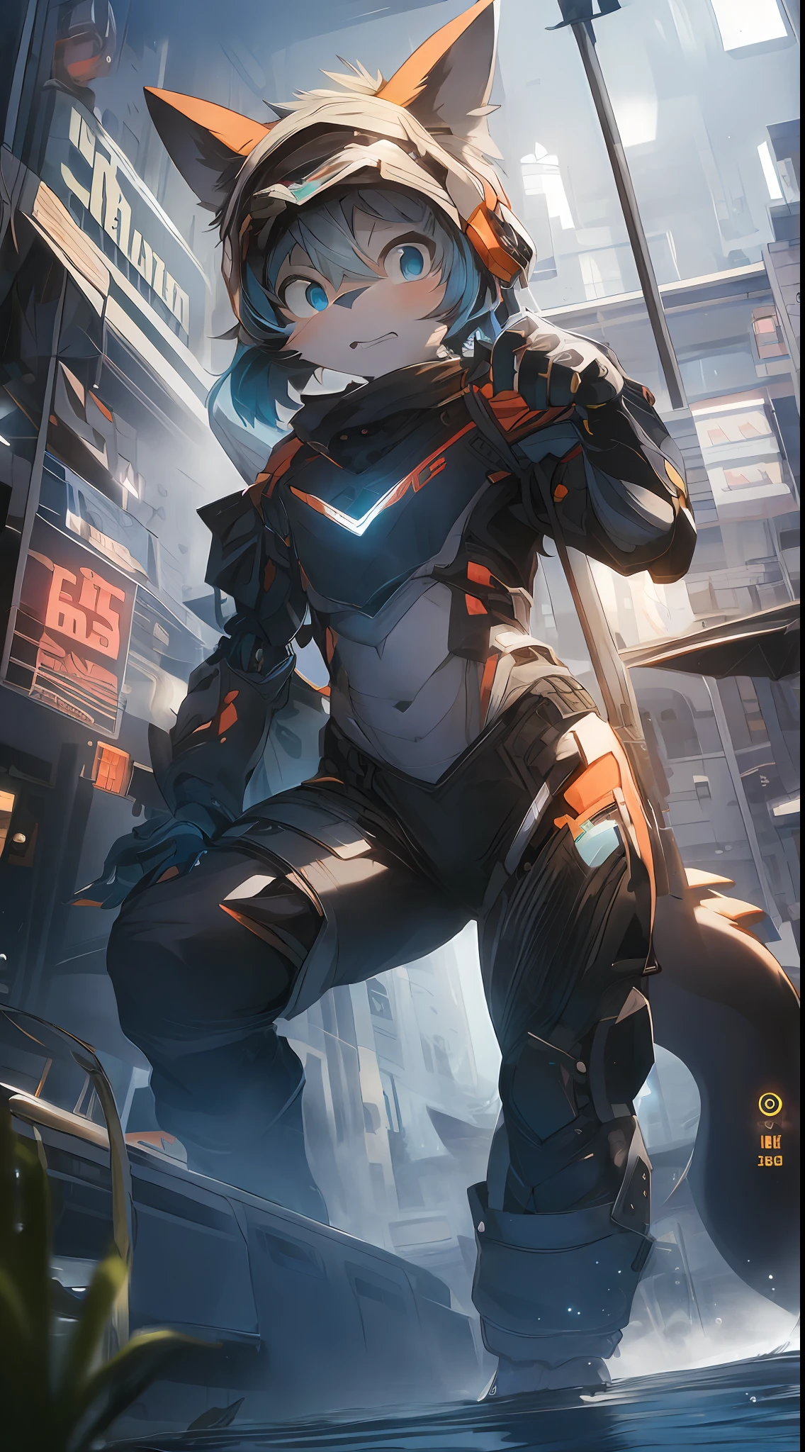Dragons in mecha，bit girl，dark gray，Blue-and-black hair，eBlue eyes，adolable，Mechanical nanoskin，black reotard，black over-the-knee socks，full bodyesbian，nakeness，Shota，Stand where water meets sky，Black is the theme，emaciated，emaciated，is shy，8K quality，Extreme light and shadow