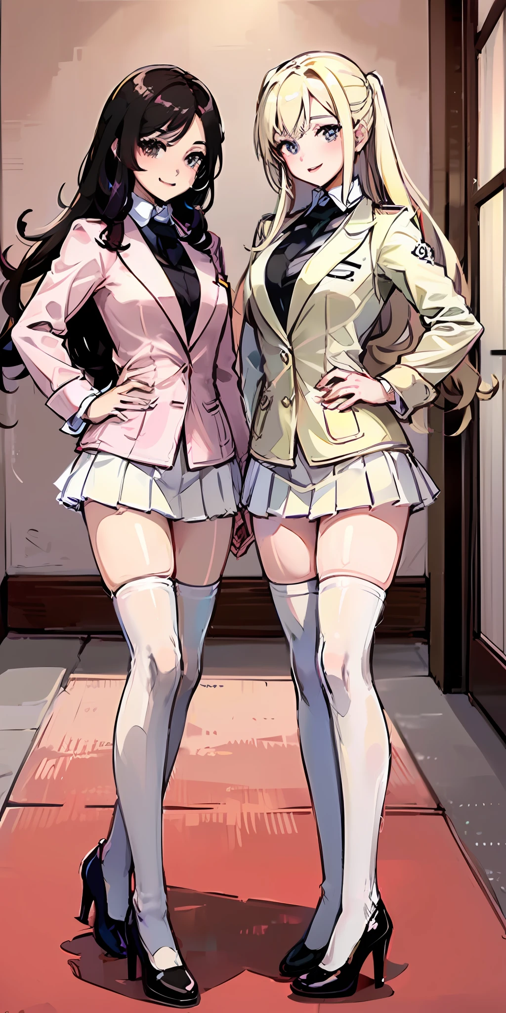 ((Masterpiece, highres)), 2girls, duo, twins, ((one brown haired girl, one blonde girl)), long hair, curly hair, matching hairstyles, different hair color, confident, elegant, rich girls, proud smiles, matching faces, hazel eyes, same size busts, (((matching outfits, identical outfits, pink school uniforms, sexy school uniforms, white thighhighs, long white socks, black high heels))), standing at attention, shoulder to shoulder, same pose, mansion