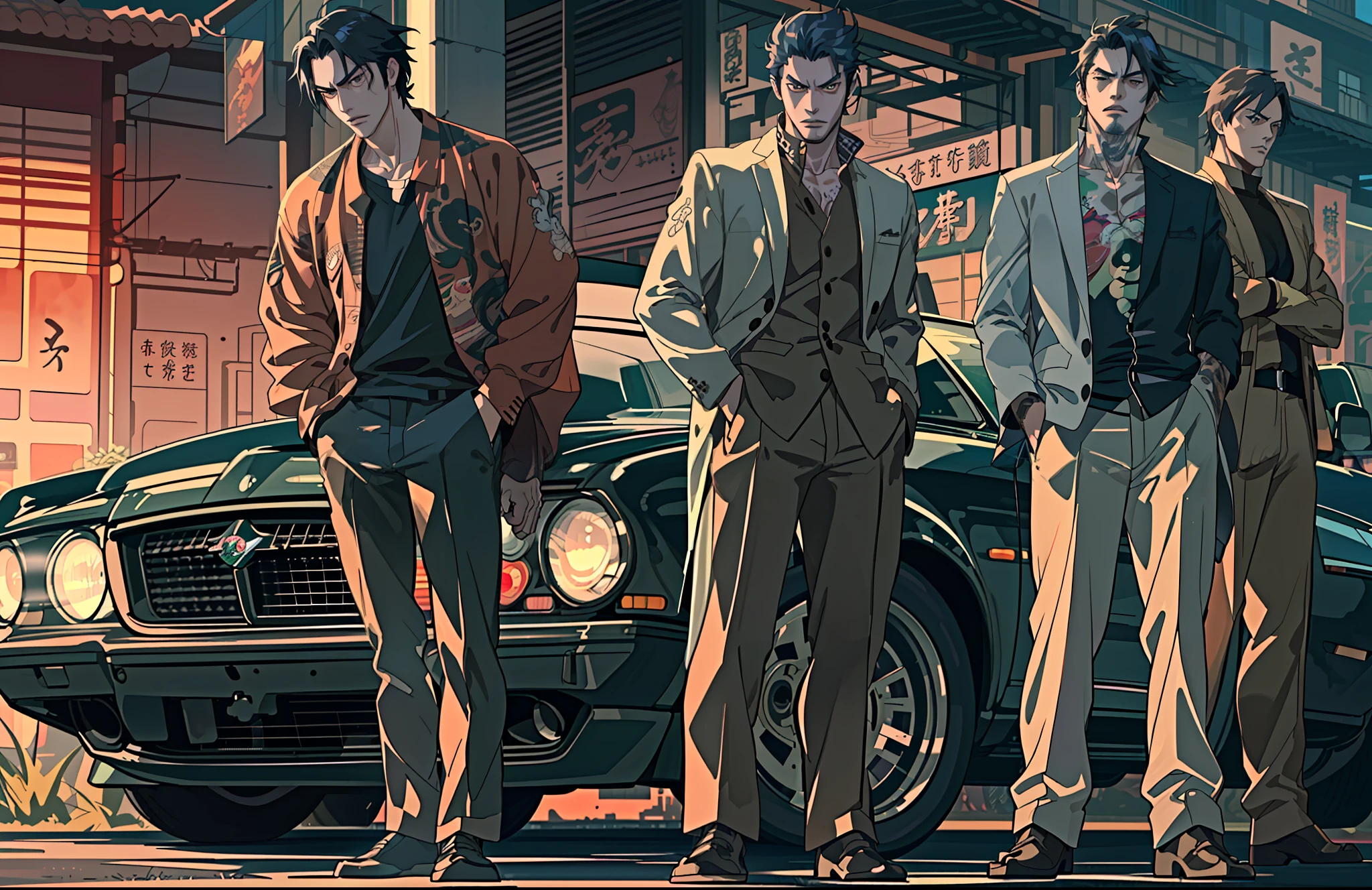 Five Yakuza, Cinematic Full Shot Camera, ((((High detailed)))), (Camera FS), art style, Ground Level Camera, (Perfect Bodies), (Perfect face), (Perfect eye), Dangerous, bad Ass, standing in front of the car, epic, male, Anime style, vector illustration, (((Ghibli studio))), Makoto Shinkai, Black, ((((High detailed Face)))), Color full