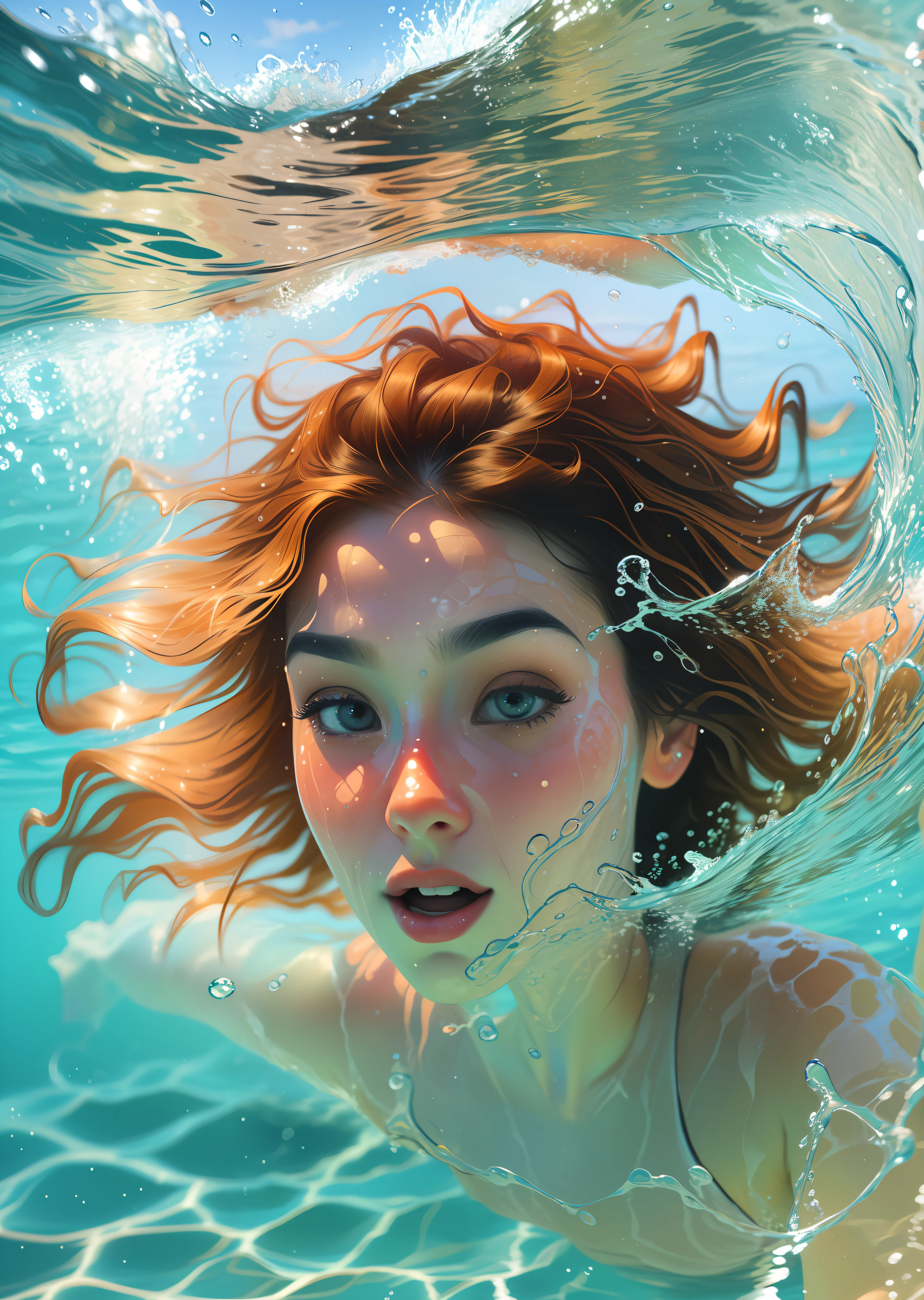 (swimmer diving), a beautiful portrait in realistic style, oil painting, with a touch of surrealism, (1 woman), tanned skin, long wavy hair, diving in crystal clear water, vibrant reflections, elegant movement, background in shades of light blue, soft waves, aquatic nuances, Kodak Portra 400, natural light, intricate details, hyper-realistic photography, cinematic, cinema, hyper-detail, UHD, color correction, hdr, color grading, hyper-realistic CG animation