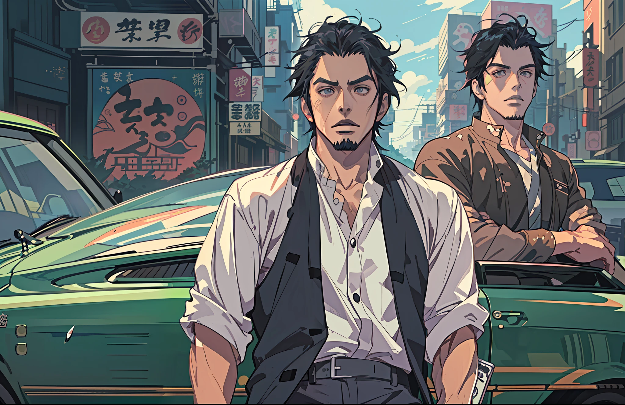 Five Yakuza, Cinematic Full Shot Camera, ((((High detailed)))), (Camera FS), art style, Ground Level Camera, (Perfect Bodies), (Perfect face), (Perfect eye), Dangerous, bad Ass, standing in front of the car, epic, male, Anime style, vector illustration, (((Ghibli studio))), Makoto Shinkai, Black, ((((High detailed Face)))), Color full