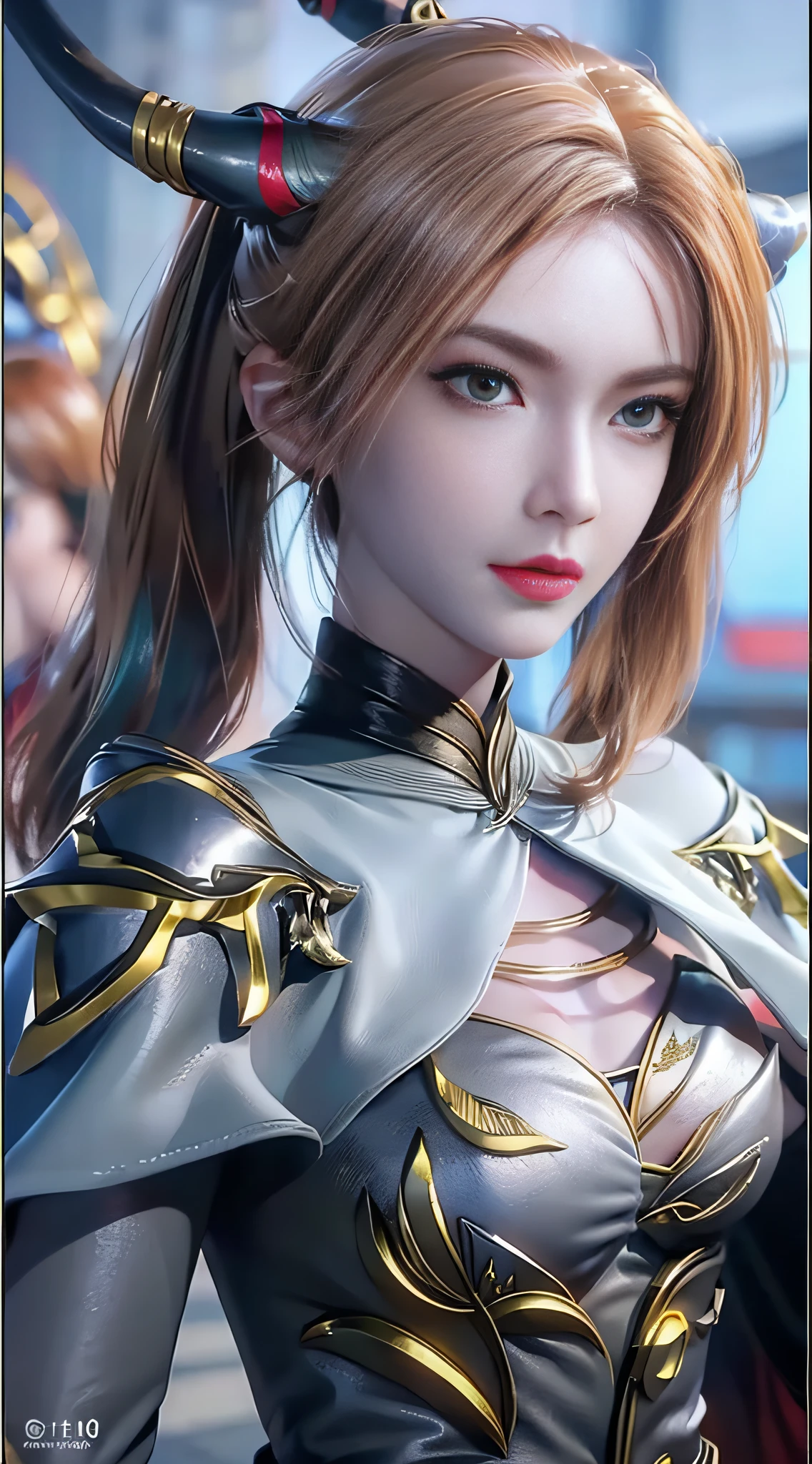 (Highest Quality), (Masterpiece), (Ultra Detailed), (Eye Detail: 1.0), (Lens Vires: 1.0), (Movie Poster: 1.0), (Tarot Border: 1.0), Portrait Centered, (Close-up: 1.0), (Negative Space: 0.8), (Negative Space: 1.6), (Solo), (Floating Color Net: 1.0), (Many Color Spikes: 1.0), (Floating Water Drops: 1.0), (Water Magic: 1.0), (Dappled Sunlight, Light, Caustics : 1.2), (Iridescent: 1.0), (Beautiful Details Glow: 1.0), (Leaning Back: 1.2), (Grim Expression: 1.0), (Small: 1.0), (Open Mouth: 1.0), (Eyelashes), One Eye Closed, (Light Blue Hair: 1.4), (Long Hair: 1.0), (Audience-facing: 1.3), (Head Tilt: 1.0), (Dynamic Pose: 1.1), (Asymmetrical Hair: 1.2), (Orange, (Casual, Casual), (Cascading Skirt) , (gray eyes: 1.4), slanted bangs, high double ponytail, drilled hair, long coat, (flowing cloak: 1.0), (abstract background: 1.4), (: 1.1), (jump: 1.1), (tan: 1.1), (upper body: 1.25), thinking, squinted pupils, ++, ganyu, off-the-shoulder, one-piece, (white gloves: 1.3), black and red double horns, sleepy