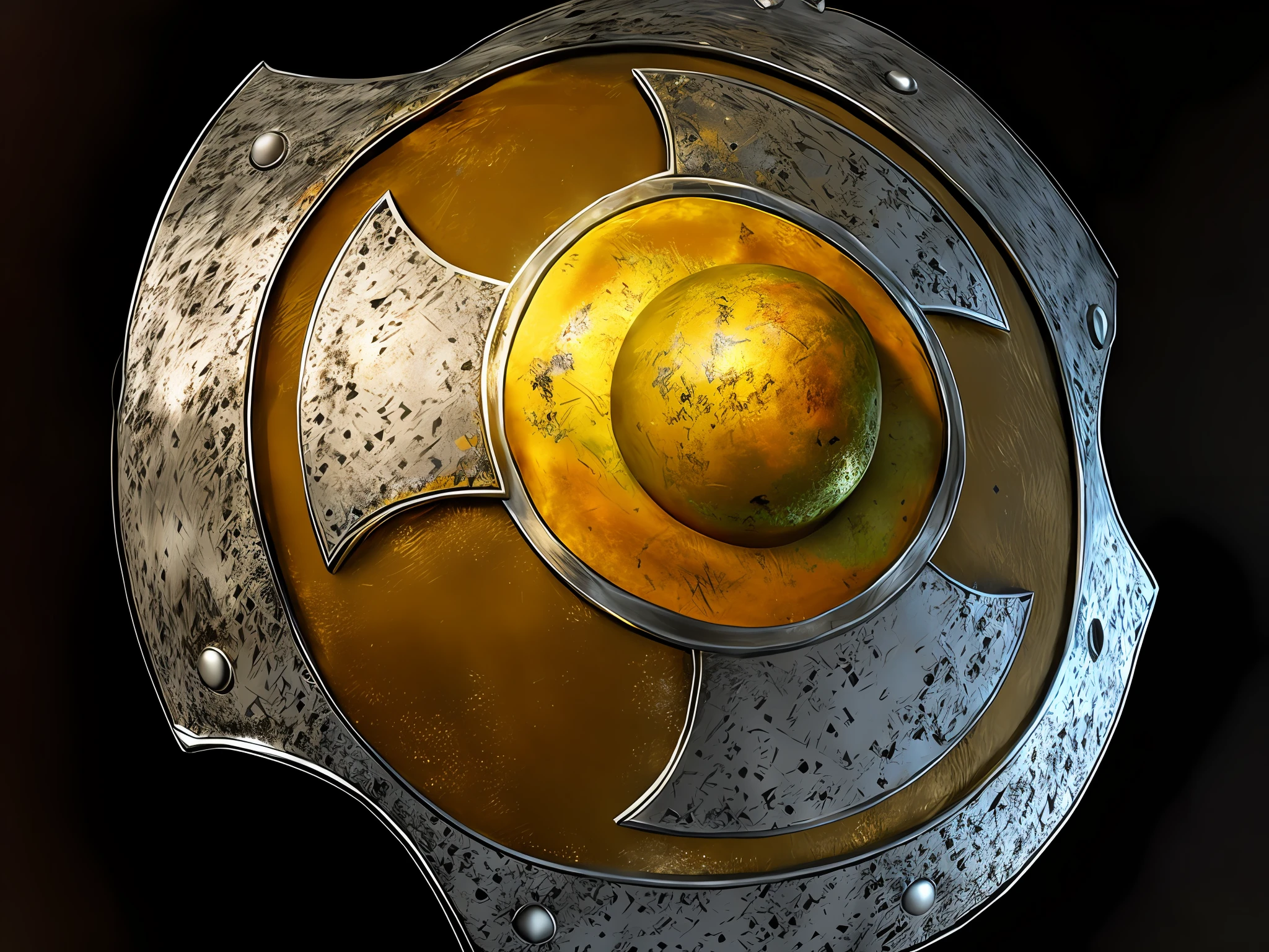 Close-up of metal shield with yellow ball,Smooth surface,Silver and gold,There is a golden ball in the middle of the shield,The outer contour of the shield is silver, mace and shield, fantasy shield, metallic shield, shield design, sheild, holding weapon and shield, rpg item, A shield, game icon asset, role-playing game items, 3 d icon for mobile game, Holding a shield, Sword and shield, shield emblem, Armor elements, Armour, rpg item render