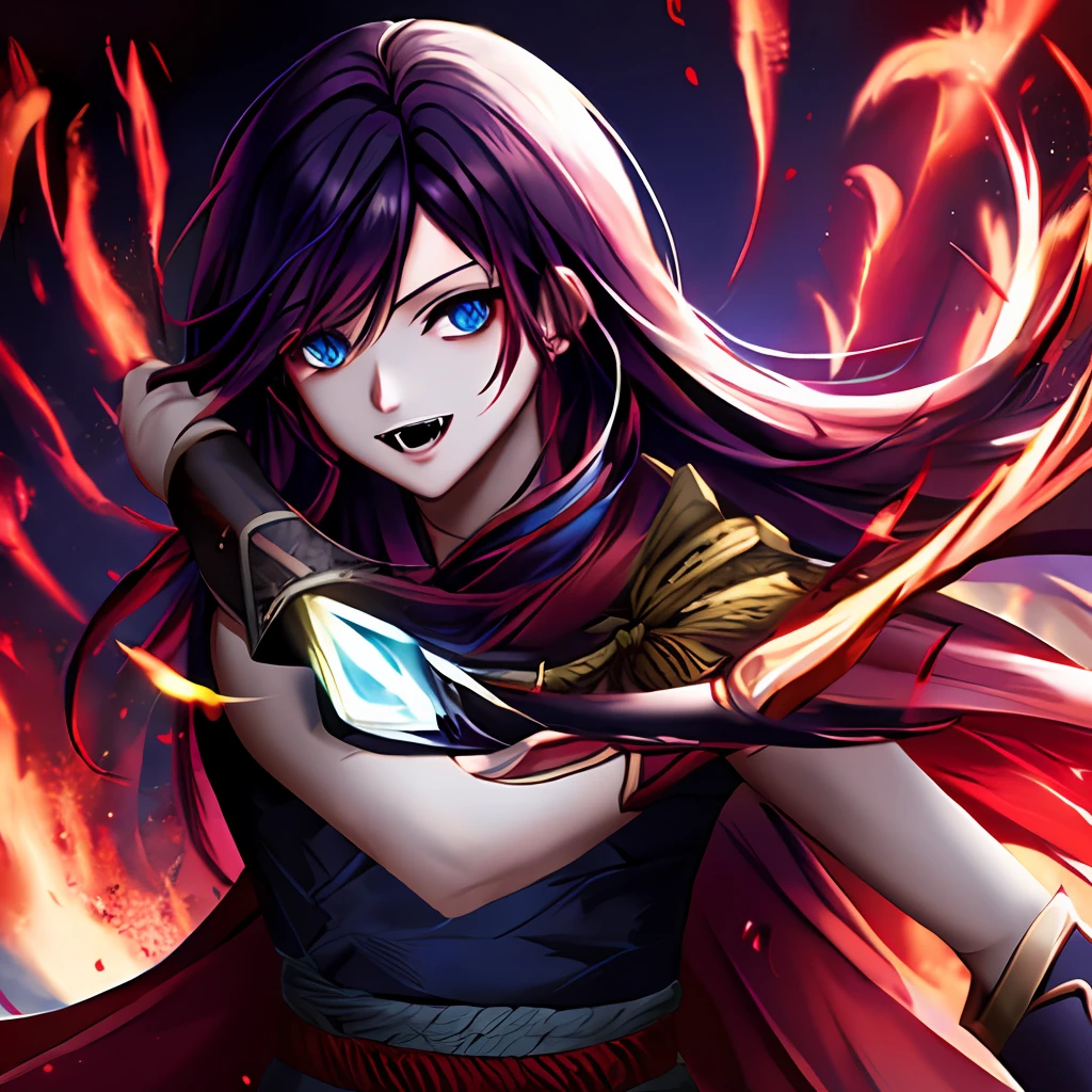 dota,Divine Spirit Samurai,ultraclear,Red comb-shaped hair,Huge white fangs,Armed with a fire spear,male,bloodthirsty,Bare upper body,Blue skin,Eyes with sparks,Horizontal composition,On the battlefield