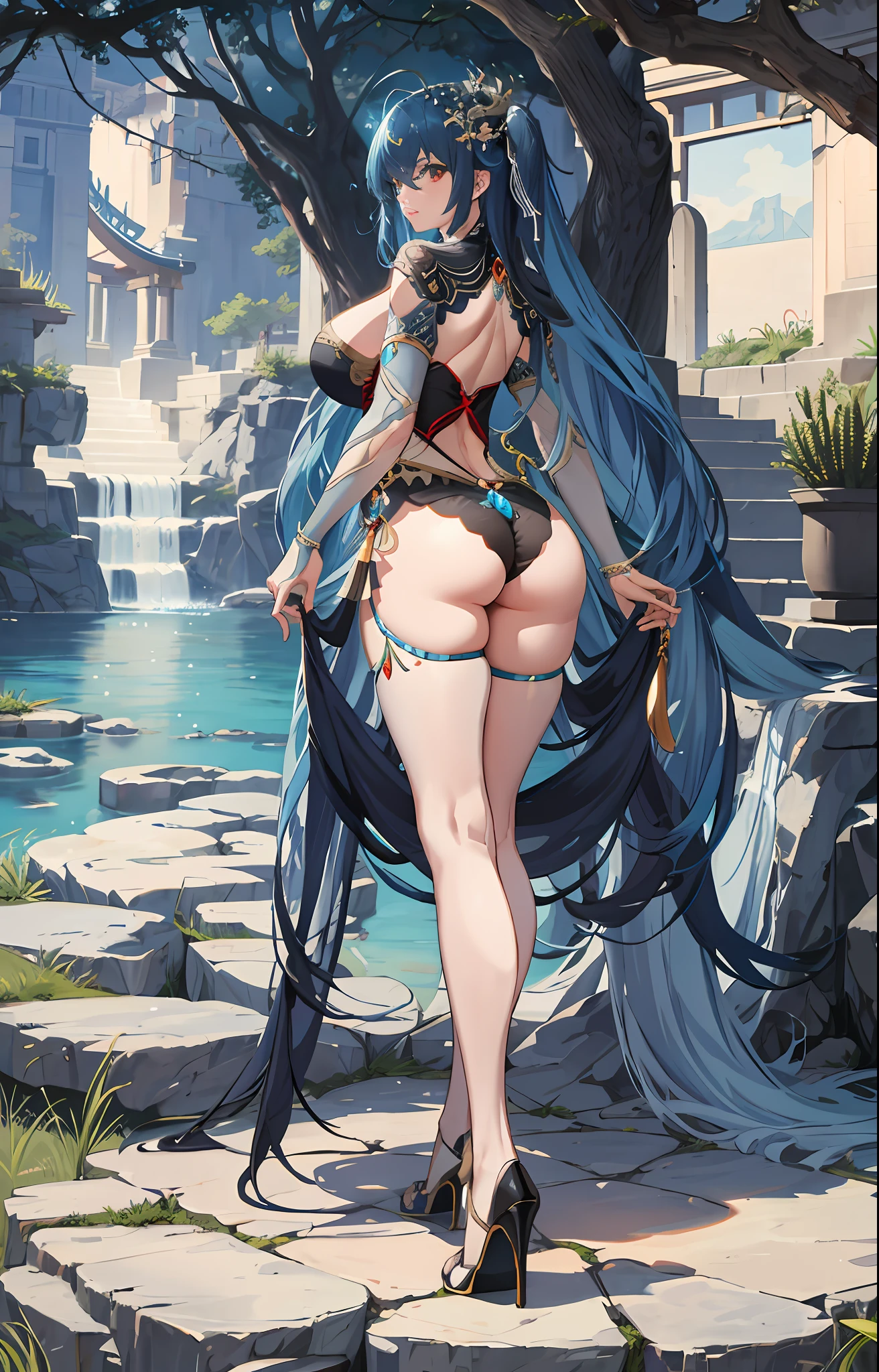 Anime girl with blue hair and blue dress standing on stone terrace, Extremely detailed Artgerm, full-body xianxia, trending on cgstation, High quality detailed art in 8K, a beautiful fantasy empress, ((a beautiful fantasy empress)), Keqing from Genshin Impact, trending on artstation pixiv, WLOP and Sakimichan,8K,Ultra HD details,detail in face,1个Giant Girl