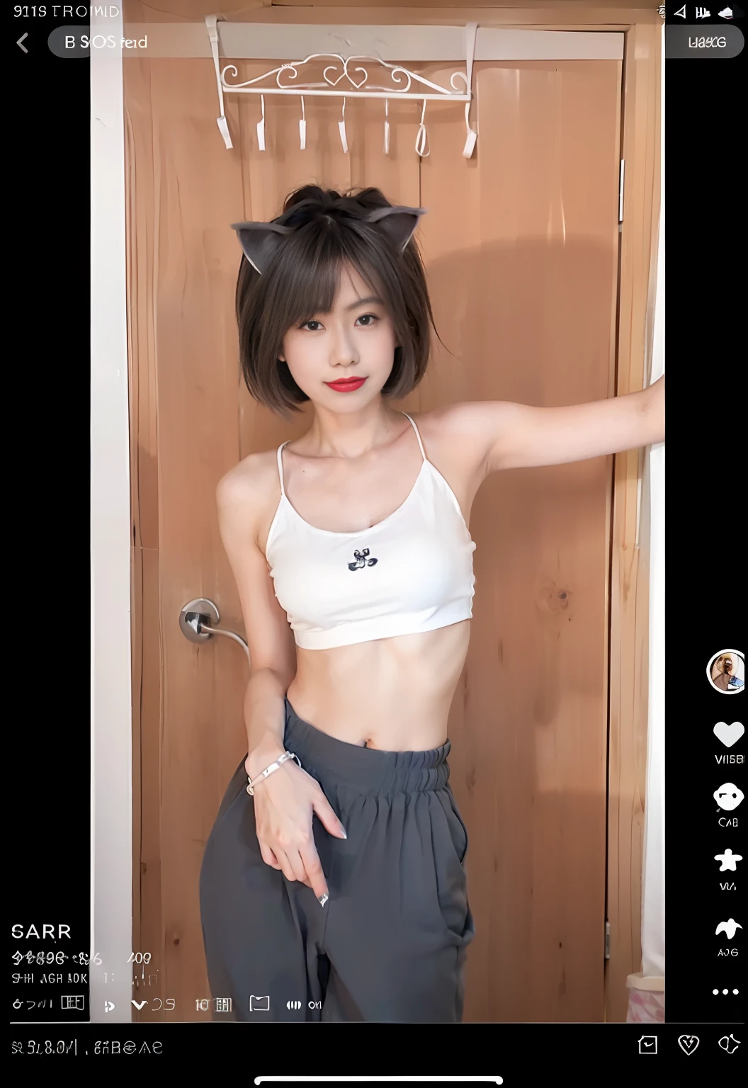 Arad woman poses for a photo wearing a white shirt and gray pants, very beautiful cute catgirl, female furry mini cute style, tiktok video, wearing sexy cropped top, Ruan cute vtuber, wearing a crop top, cute girl wearing tank suit, Anime girl in real life, Attractive cat girl, beautiful young catgirl, wearing a cute top