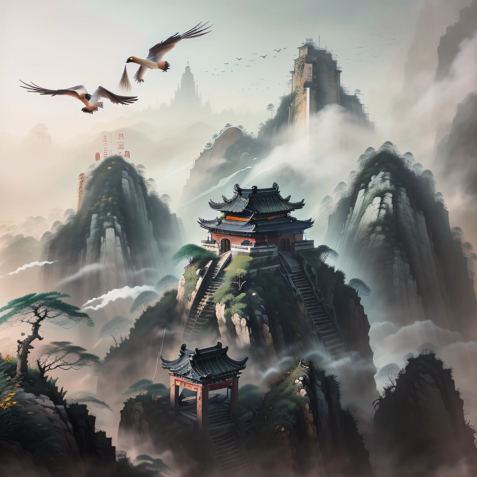 In the distance is(High hills)Bristling,(ancient buildings of China)There are flocks of birds in the sky
