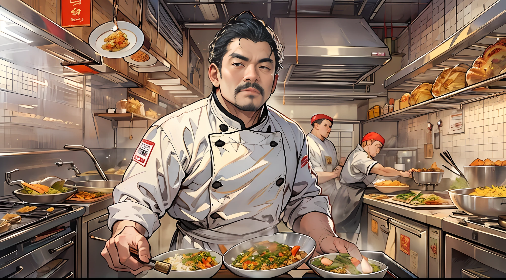 In a live broadcast room,A chef dressed as a chef stands in front of the kitchen,Hold a shining wok in hand,On top stir-fried a mouth-watering Supreme Emperor fried rice。Surrounded by a bustling crowd, They were all attracted by the fried rice in his hand, 32K, Best quality, Masterpiece, Super detail, High details