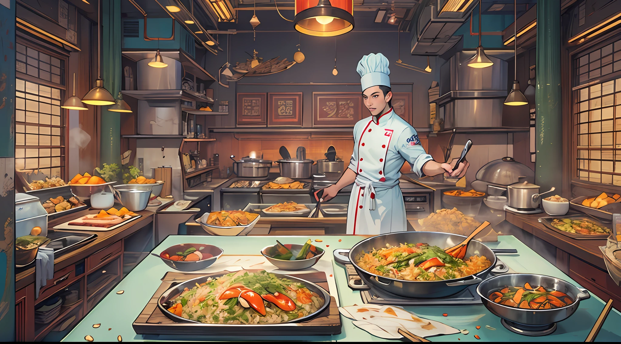 In a live broadcast room，A chef dressed as a chef stands in front of the kitchen，Hold a shining wok in hand，On top stir-fried a mouth-watering Supreme Emperor fried rice。Surrounded by a bustling crowd, They were all attracted by the fried rice in his hand, 32K, Best quality, Masterpiece, Super detail, High details