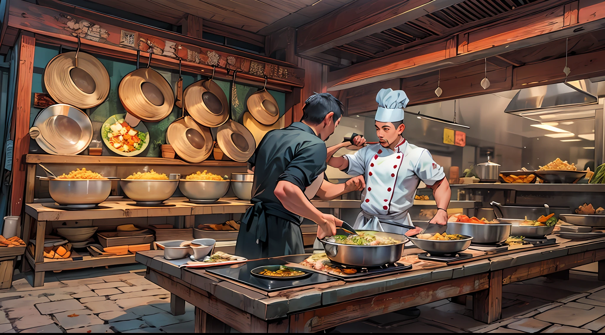 In a live broadcast room,A chef dressed as a chef stands in front of the kitchen,Hold a shining wok in hand,On top stir-fried a mouth-watering Supreme Emperor fried rice。Surrounded by a bustling crowd, They were all attracted by the fried rice in his hand, 32K, Best quality, Masterpiece, Super detail, High details