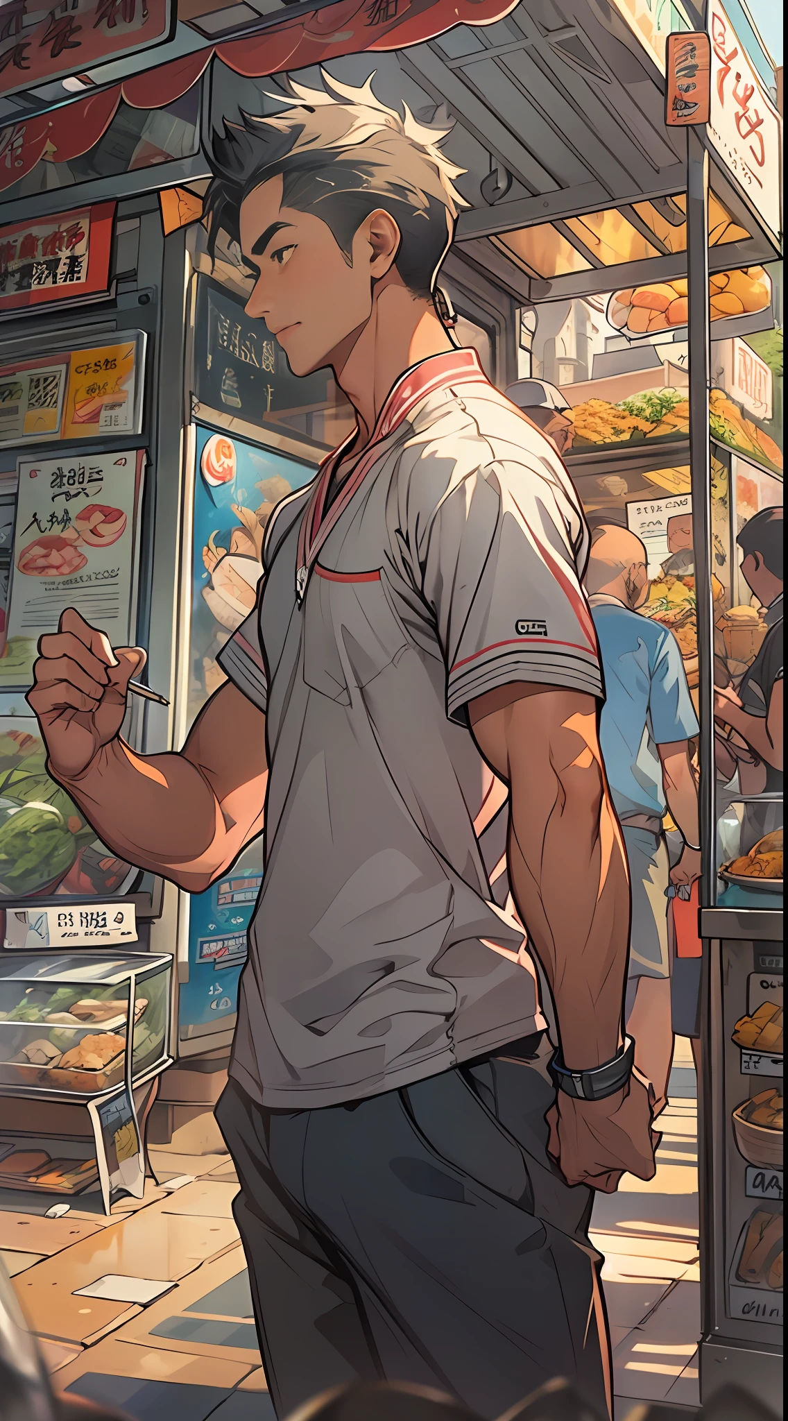 A young and ambitious man standing in front of a food truck, exuding confidence and determination, with a vibrant sign on the truck that says "Life is not easy, the kitchen god sells his craft", surrounded by a bustling crowd, all attracted by the fried rice in his hand, ,in the style of the stars art group xing xing, 32k, best quality, masterpiece, super detail, high details,