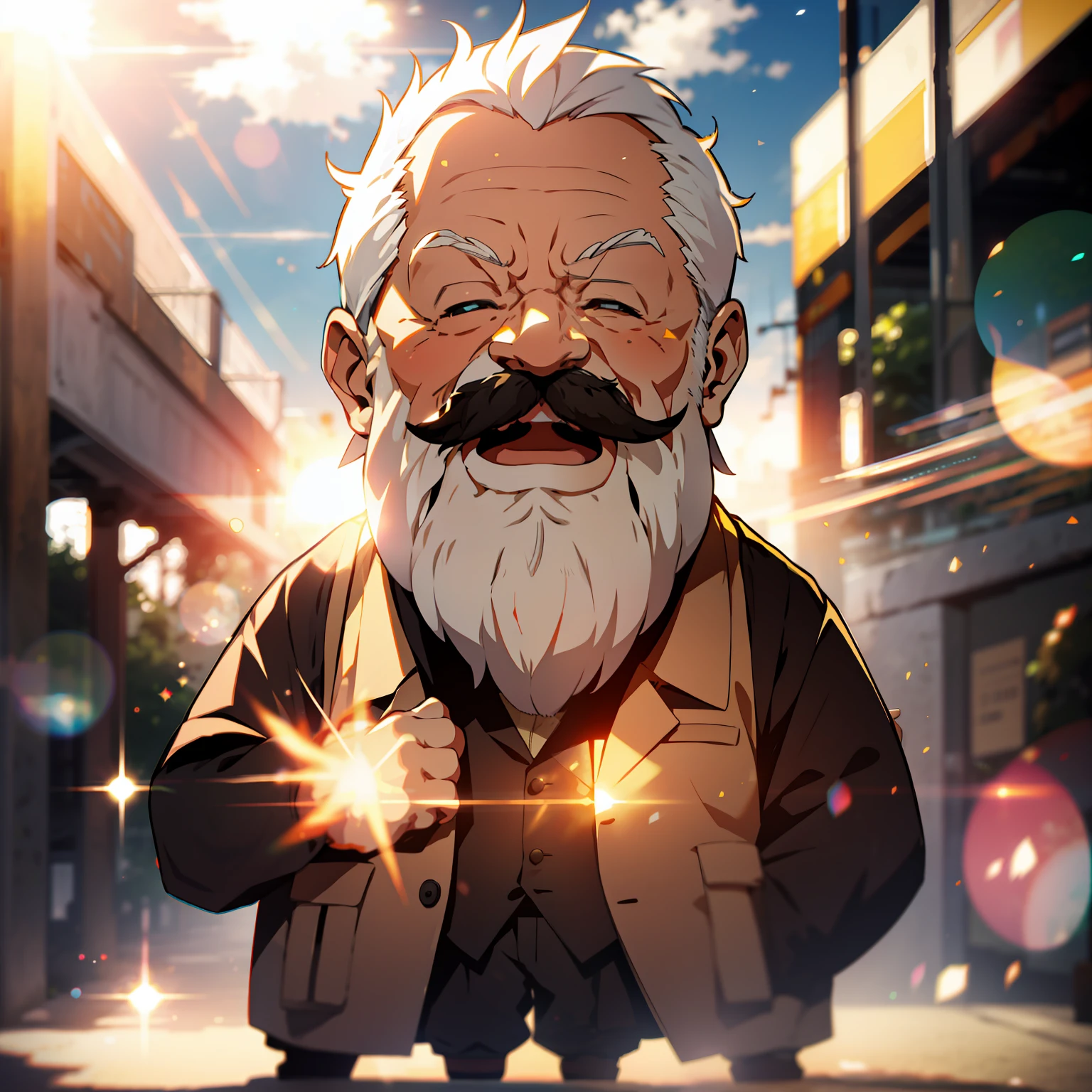 an old man, upper body, long intricate mustache, huge Laughing, sun glare, bokeh, depth of field, blurry background, light particles, full body, chibi
