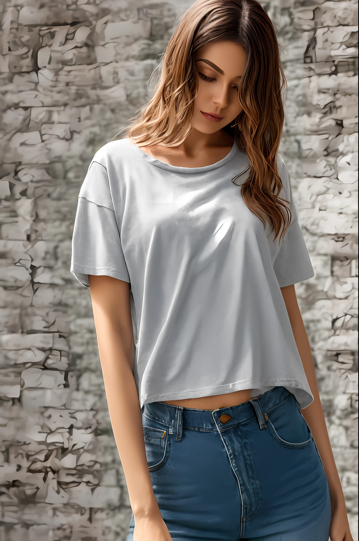 Smart beautiful girl, weavy short hairs, wearing a white basic round neck plain Tee-shirt, yellow tight jeans, waist length tee-shirt, high heels, young beautiful girl, firm breasts, perfect thighs, indoors, (hdr:1.25), (artstation:1.2), dramatic, (intricate details:1.14), (hyperrealistic 3d render:1.16), (filmic:0.55), (rutkowski:1.1), (faded:1.3)