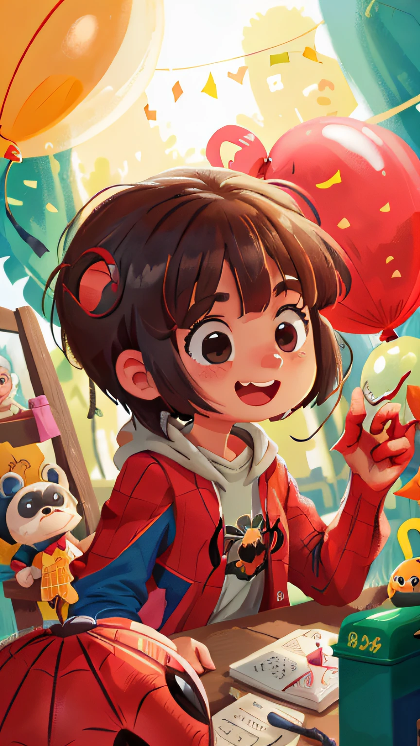 zoo,Female Spider-Man girl,Spider-Man's clothes,Many balloons,cheerfulness,Rejoice,Perfect quality,Clear focus(Clutter - home:0.8), (tmasterpiece:1.2) (realisticlying:1.2) (Bokeh) (best qualtiy) (detailedskin:1.3) (complexdetails) (8K) (detailedeyes) (Sharp focus),(having fun)