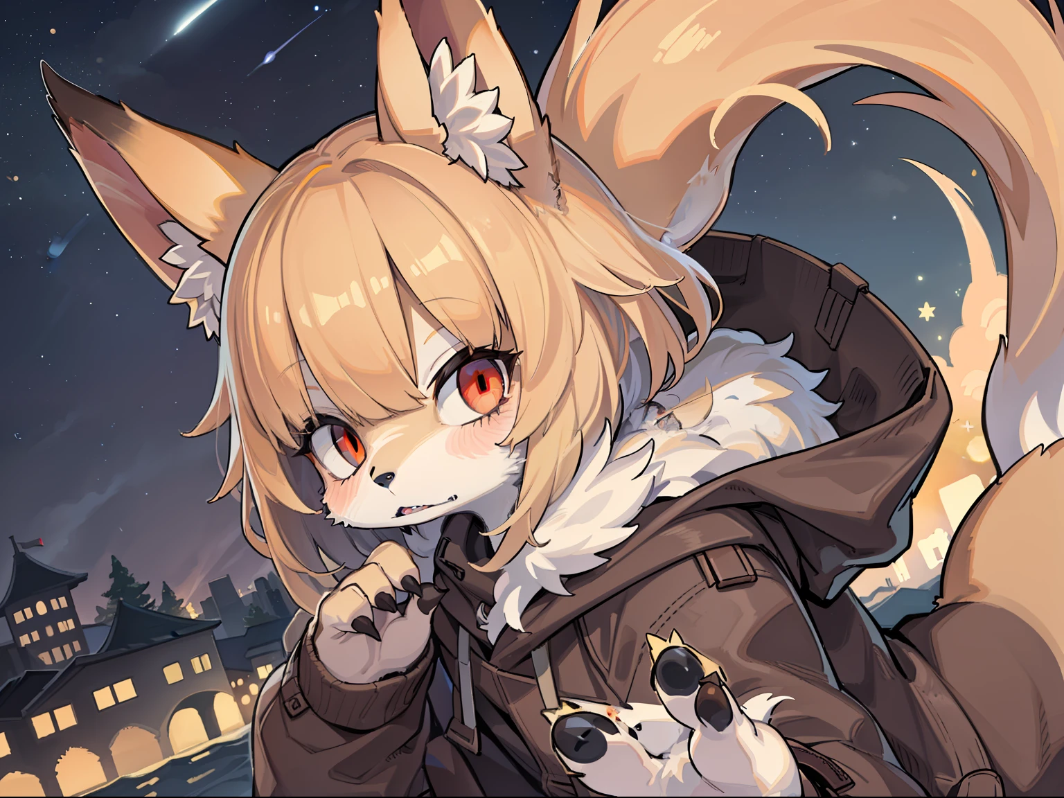 Fox Boy,Boy,hairy pubic,shaggy,Smoothes lashes,Skin fur,Golden fur,Short hair in men,Forelimb hands, solid circle eyes,Golden ears,Golden face fur , Short blonde hair,Red eyes,Super cute face,Brown elements on fur,Dark brown coat dark brown hood up,Ambient light,Ultra-fine fur,volumettic light,Night,natural lightting,glowing eyes, fox tails,Fluffy tail,Furry tail,nevando,Night,A sky full of stars,seawall,crossed bangs, Hairline, Shiny hair,Empty eyes,35mm,sharp talons。High quality, high detal, Best quality, hyper HD, soio
