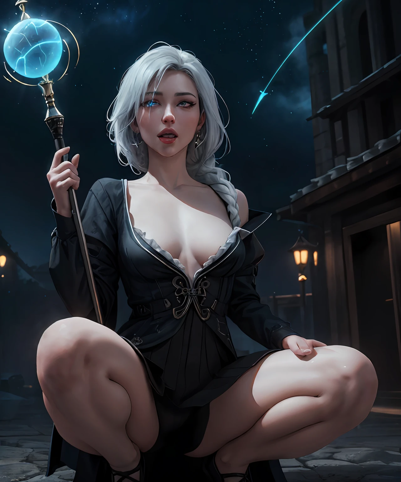 fantasy setting, sharp focus, high quality photo of beautiful nordic mature woman,magician , wearing black clothes with silver tracery, white single braid hair, confident look, rising ((magic staff with shining sphere atop)), glowing runes flying around, jewelry, detailed eyes, low body-fat, cinematic lighting, highly detailed, (matching eyes:1.2), fully body photo, epic pose, night sky background, art by charlie bowater, (Extremely Detailed Oil Painting:1.2), glow effects, godrays, Hand drawn, render, 8k, octane render, cinema 4d, blender, dark, atmospheric 4k ultra detailed, cinematic sensual, Sharp focus, humorous illustration, big depth of field, Masterpiece, colors, 3d octane render, 4k, concept art, trending on artstation, hyperrealistic, Vivid colors, extremely detailed CG unity 8k wallpaper, trending on ArtStation, trending on CGSociety, Intricate, High Detail, dramatic, (ahegao:1.5), squatting