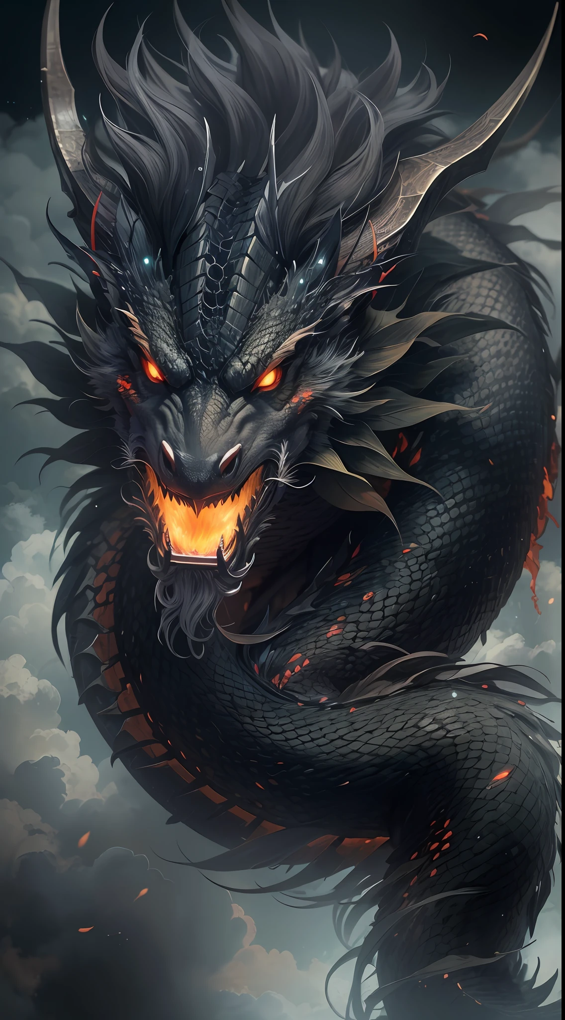 Dragon King,chinesedragon,(Pure black:1.3),Yellow glowing eyes,Delicate fur,Flowing black hair,Finely depicted face,dentes pontiagudos,In the clouds,(Medium and near focal lengths:1.3),best qualityer,Extremely fine,Unlimited details,photograph of-realistic,HighestQuali,tmasterpiece,Premium wallpapers,8K,octaneratingrendering,(Don't appear in human form:1.4